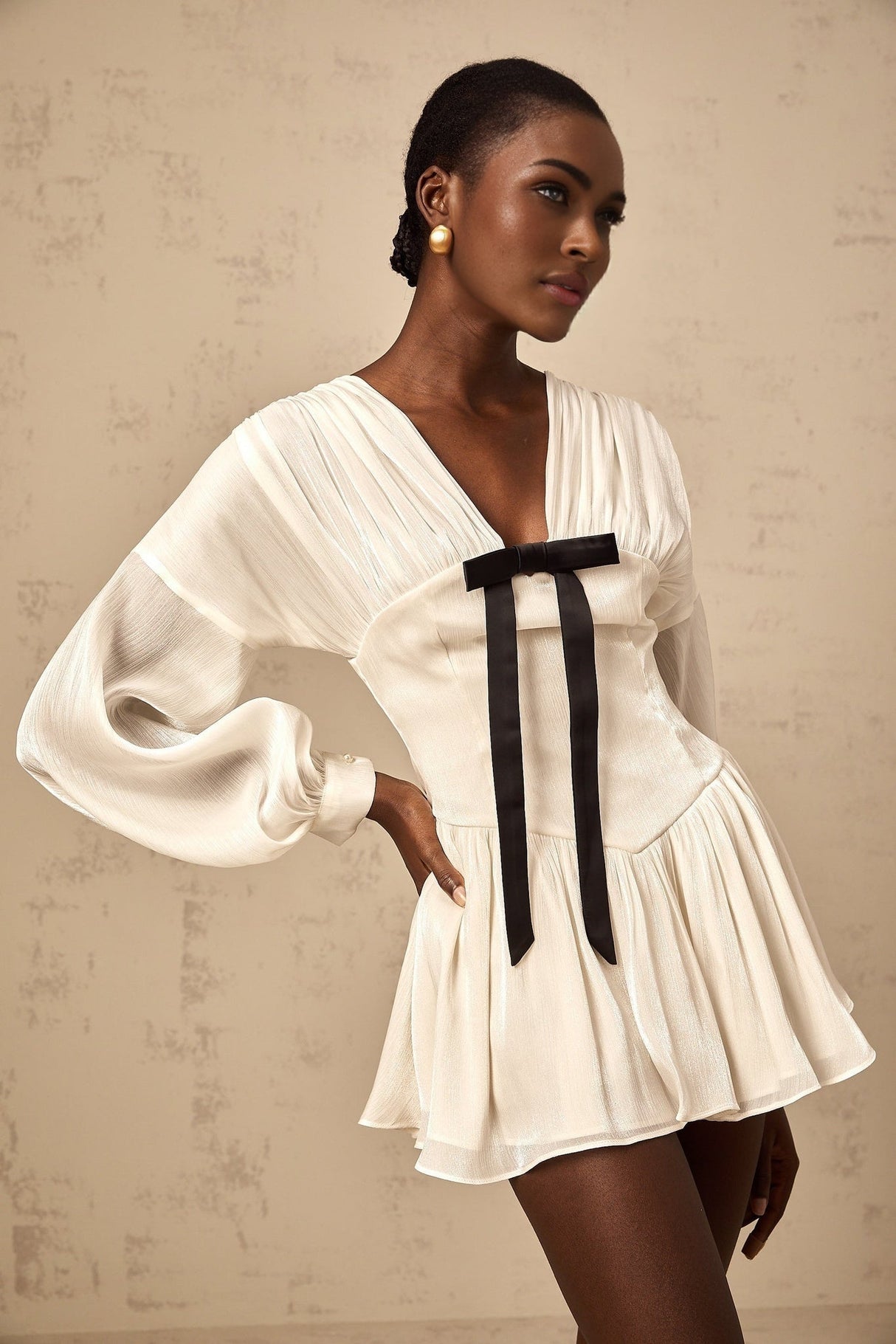 Lorelei Mini Dress Glitter Bow VNeck Thigh Length White & Black