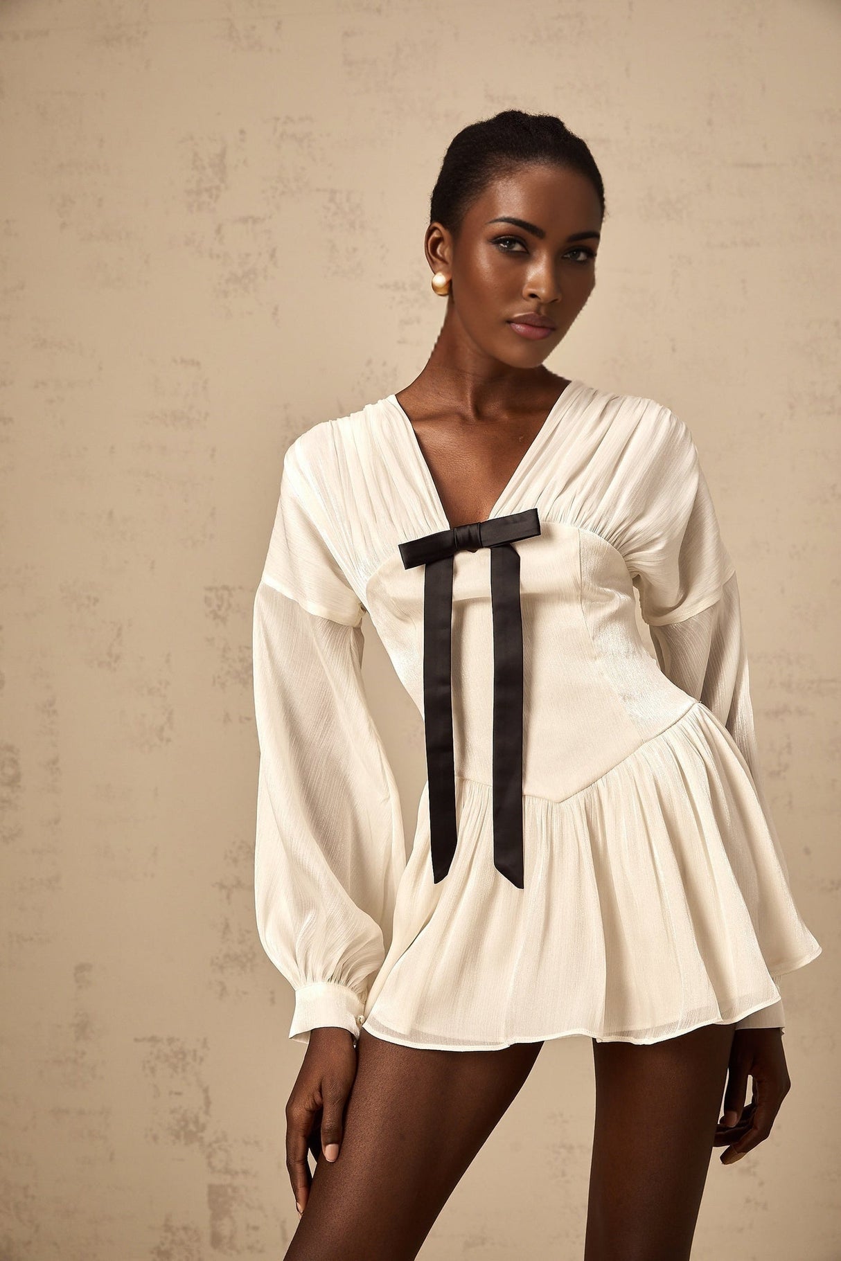 Lorelei Mini Dress Glitter Bow VNeck Thigh Length White & Black