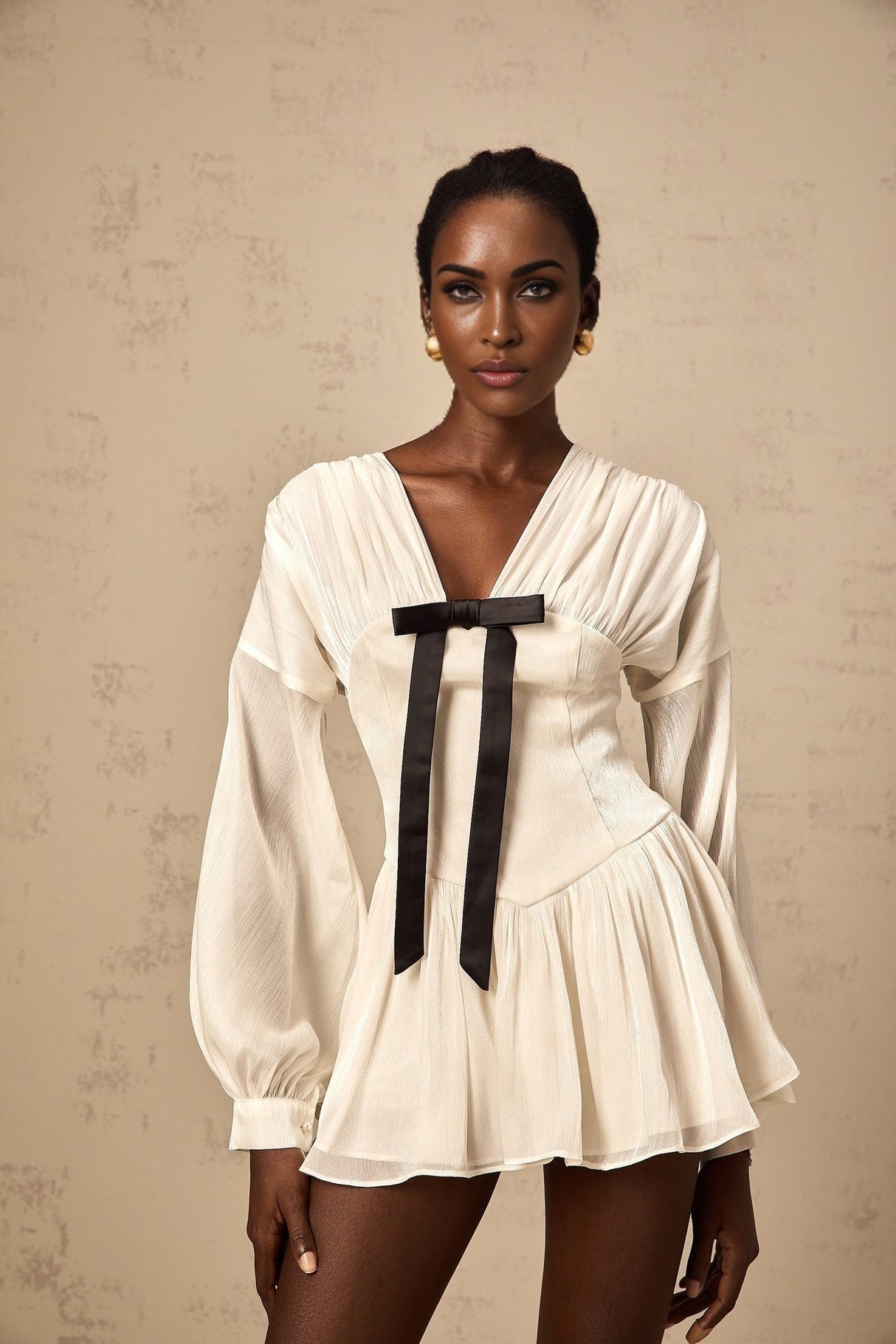 Lorelei Mini Dress Glitter Bow VNeck Thigh Length White & Black