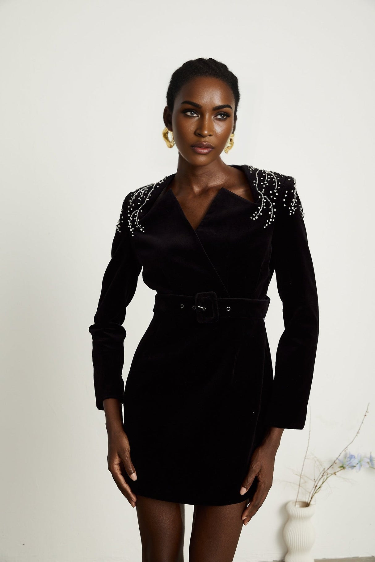 Lorelei Mini Dress with Crystal Embellished Velvet Black Silhouette