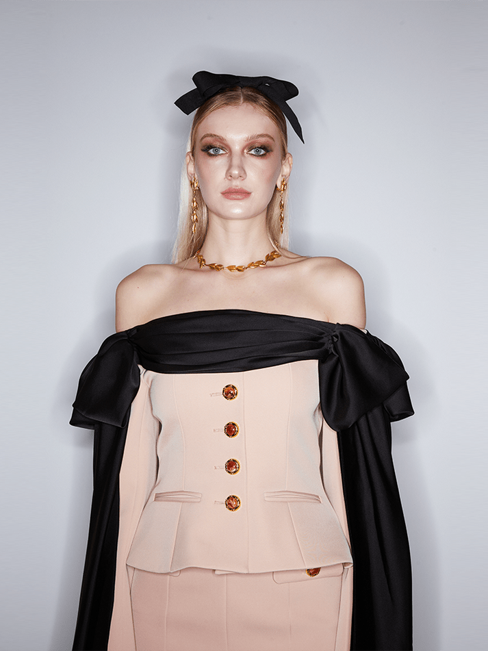 Lorenza Corset - Style Blazer - Structured Fit - Draped Off - Shoulder Detail - Decorative Buttons - Elegant Silhouette