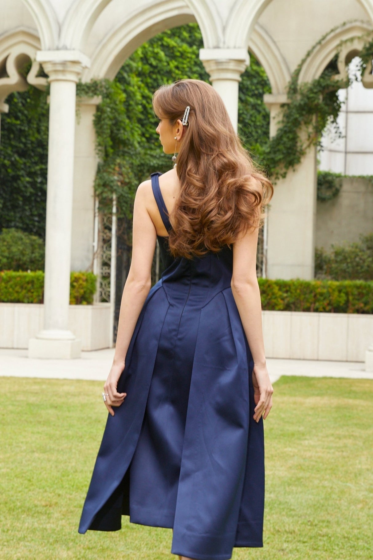 Lorenza Midi Dress Dark Blue Satin Twist Straps & V - neck Plunging Peplum Hem