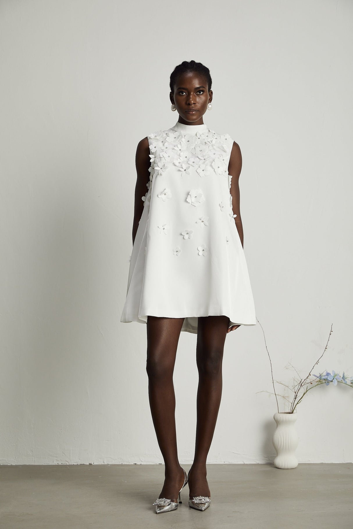 Lorenza Mini Dress White Faux Flower Crystal Embellished