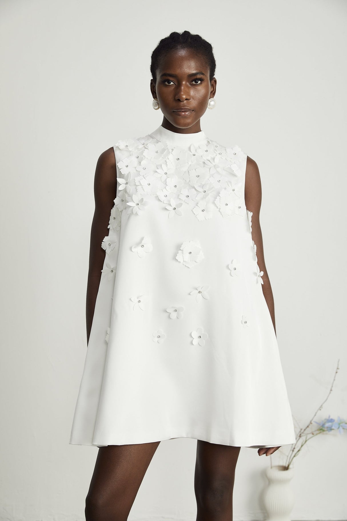 Lorenza Mini Dress White Faux Flower Crystal Embellished