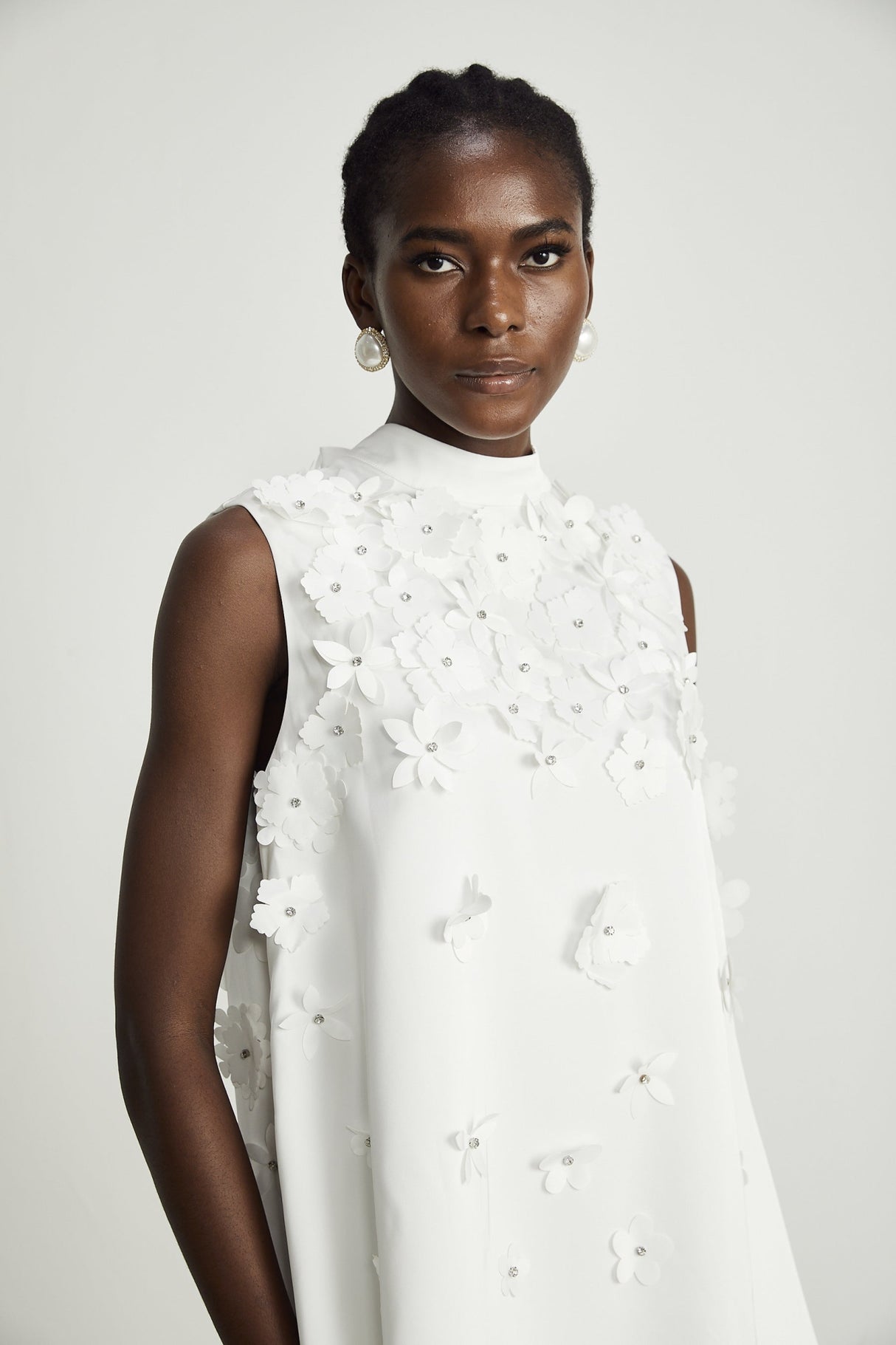 Lorenza Mini Dress White Faux Flower Crystal Embellished