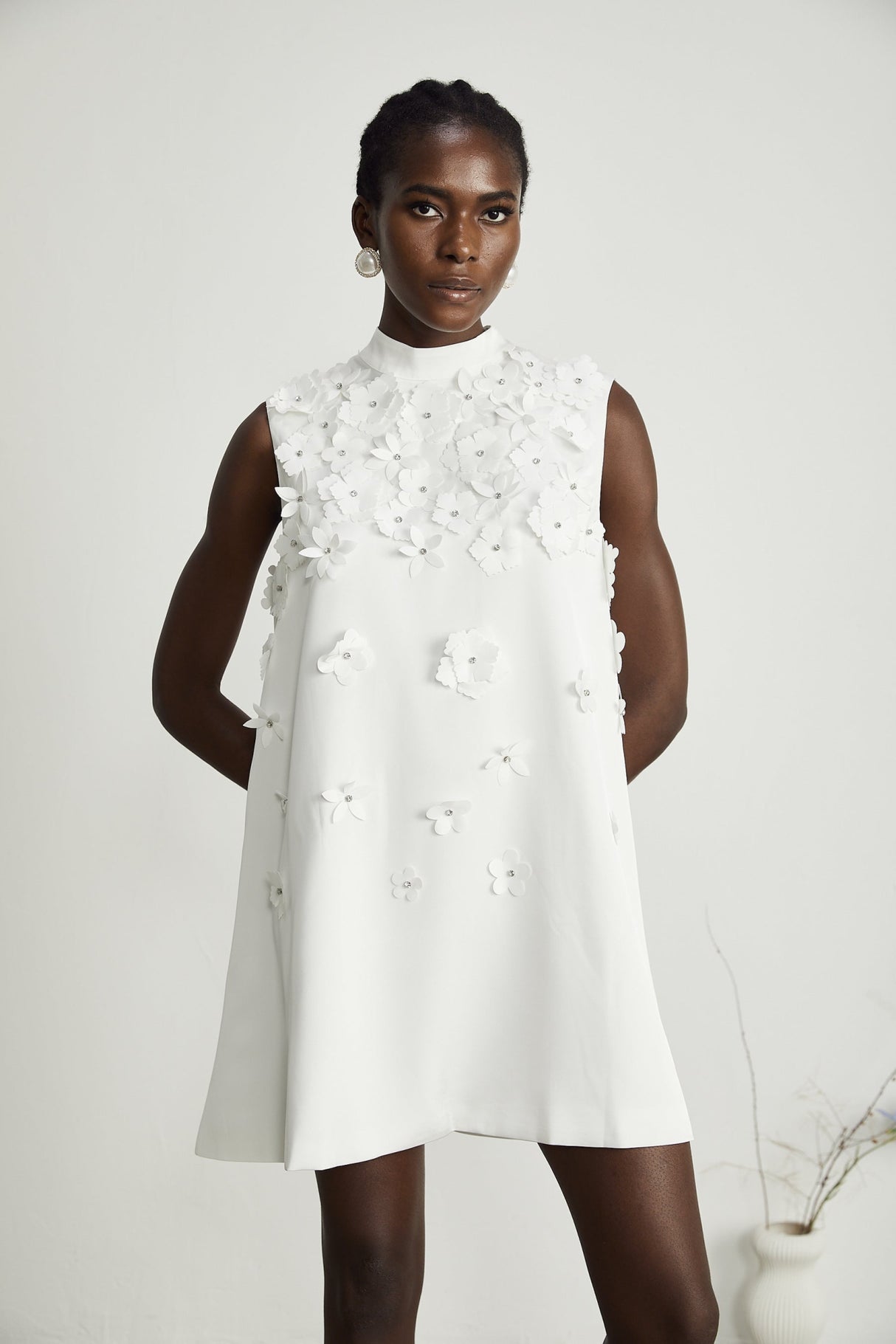 Lorenza Mini Dress White Faux Flower Crystal Embellished