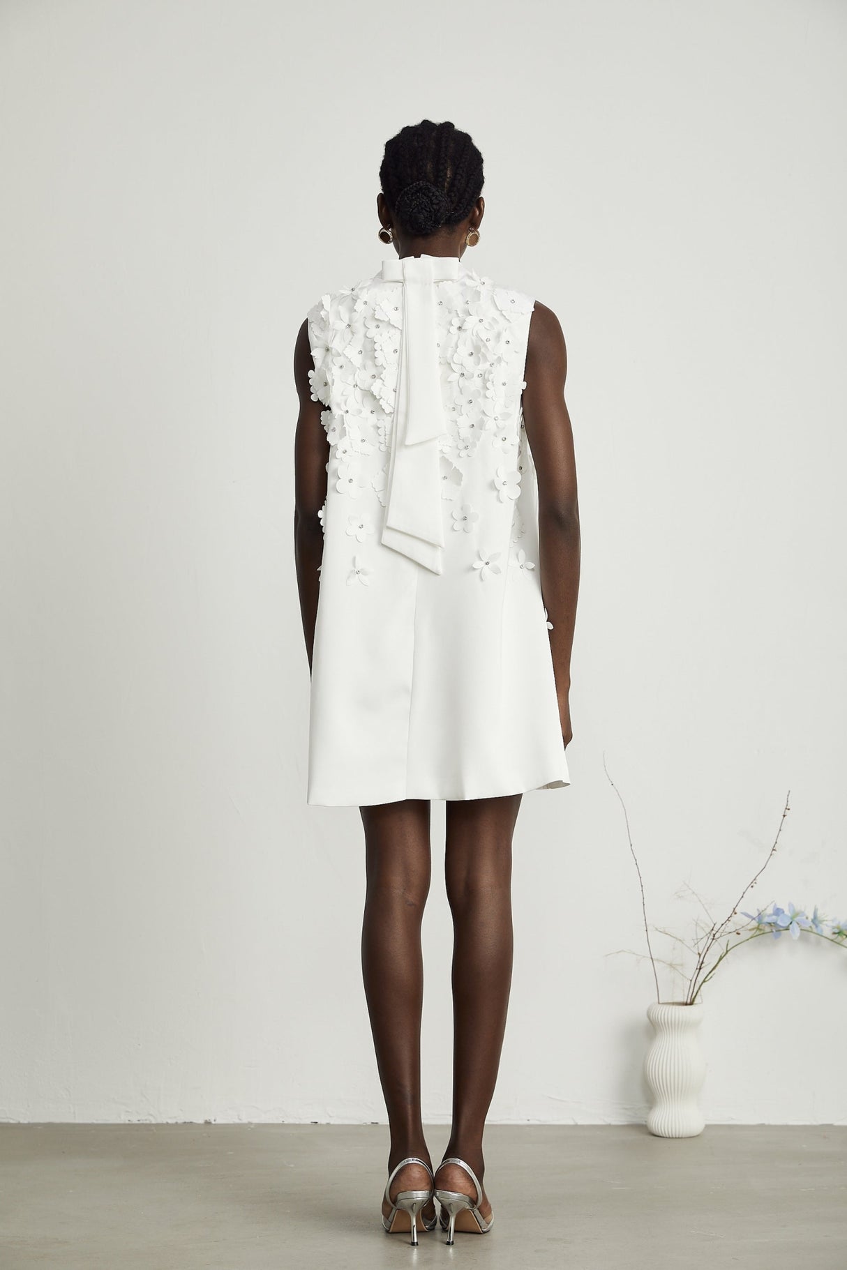 Lorenza Mini Dress White Faux Flower Crystal Embellished