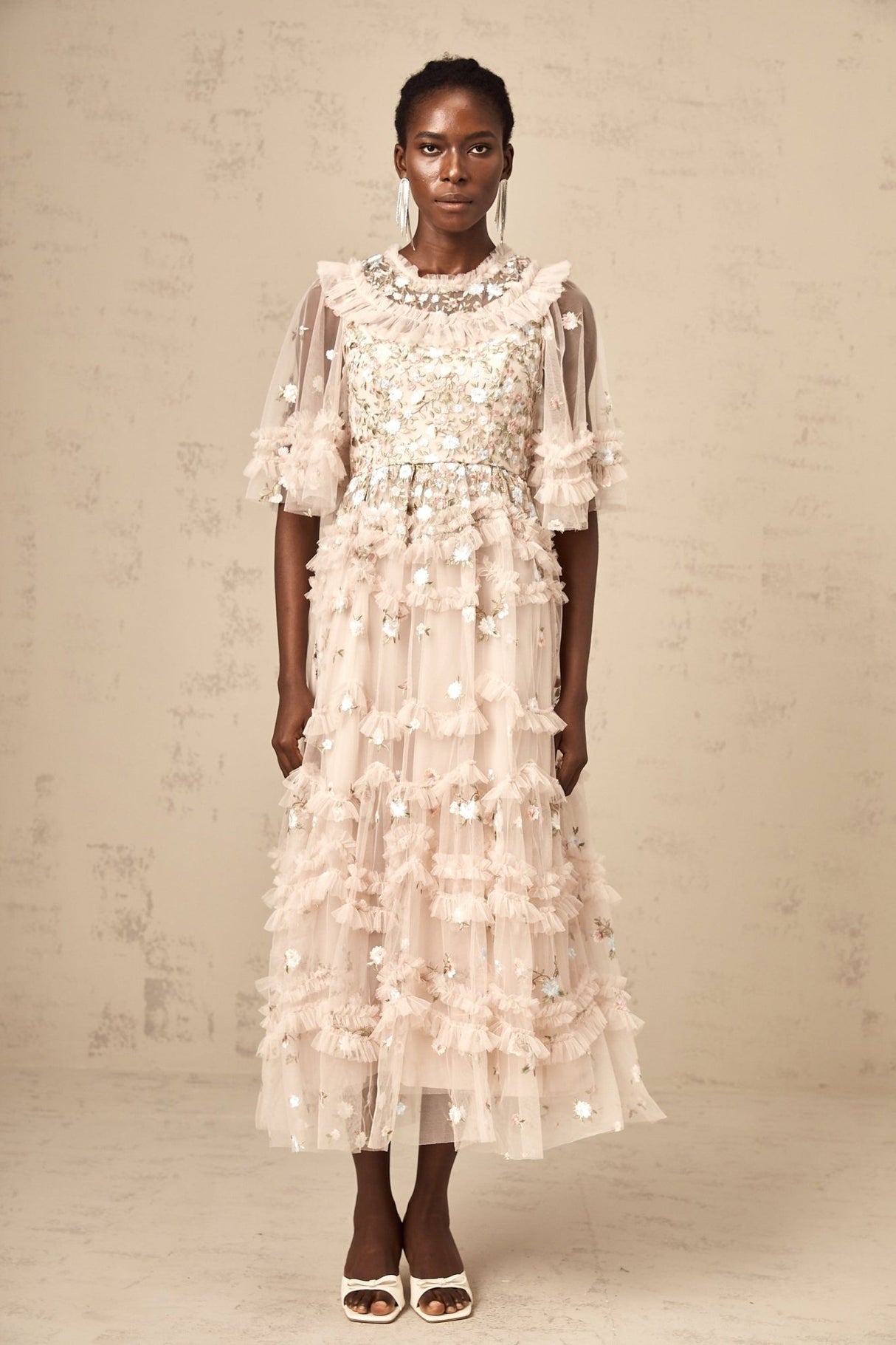 Lucia Floral Embroidery Tiered Midi Dress