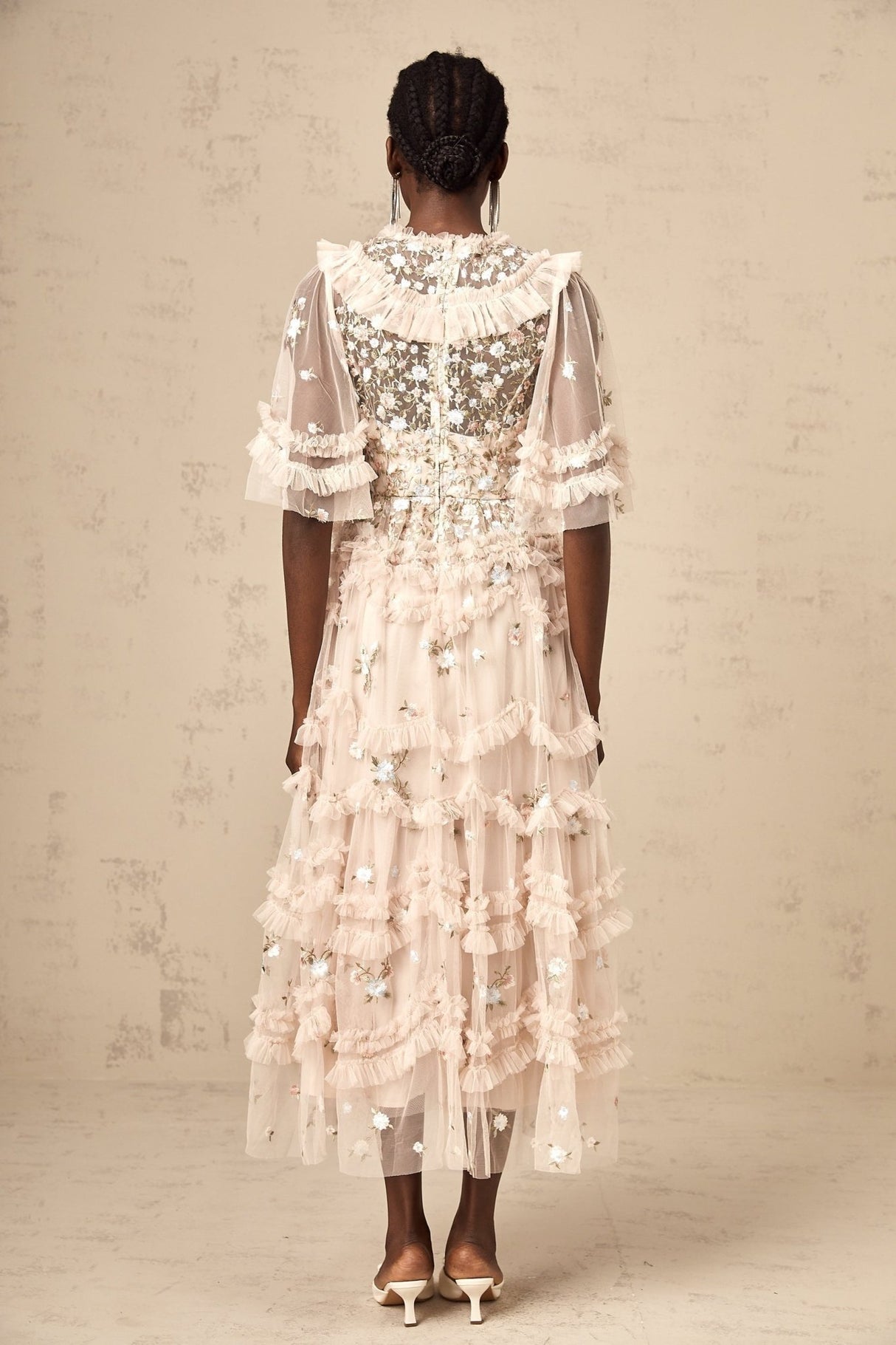 Lucia Floral Embroidery Tiered Midi Dress