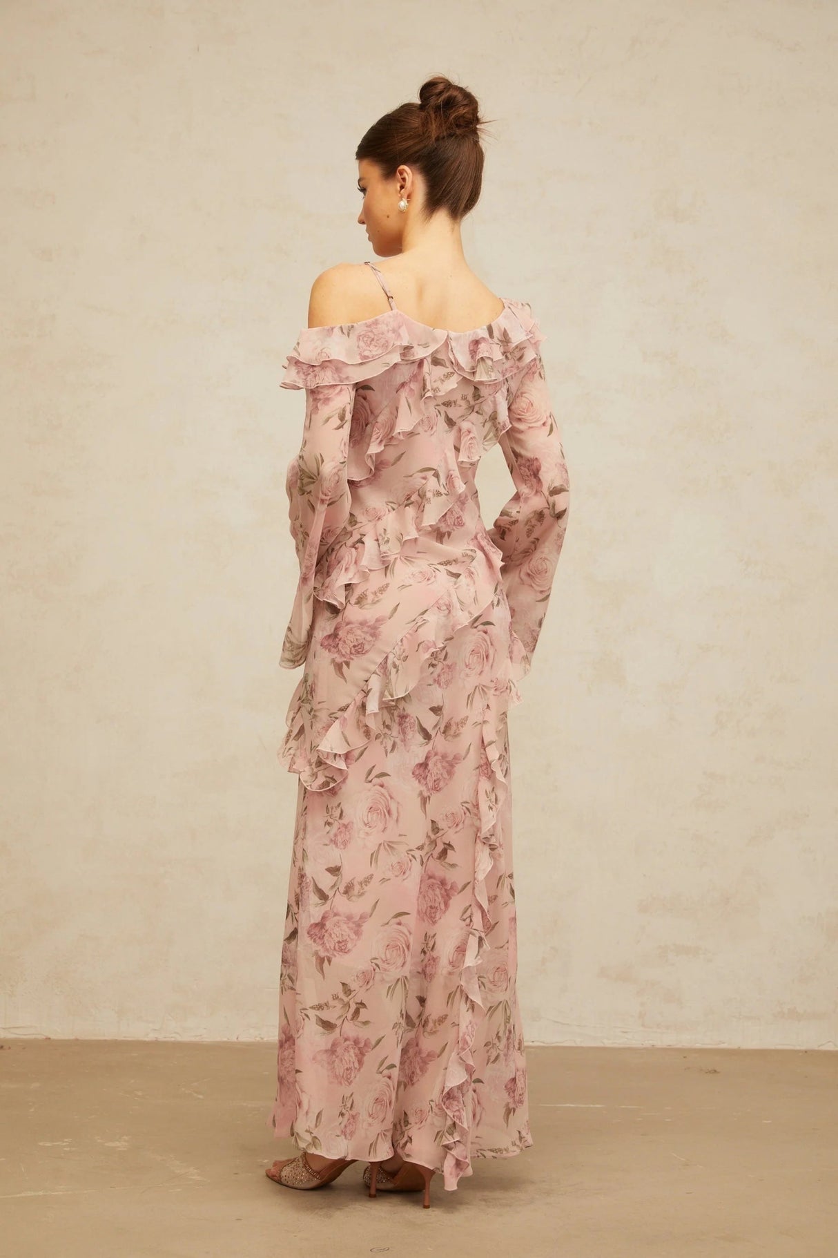 Lucia Maxi Dress Pink Floral Ruffled & Asymmetrical Shoulder Print
