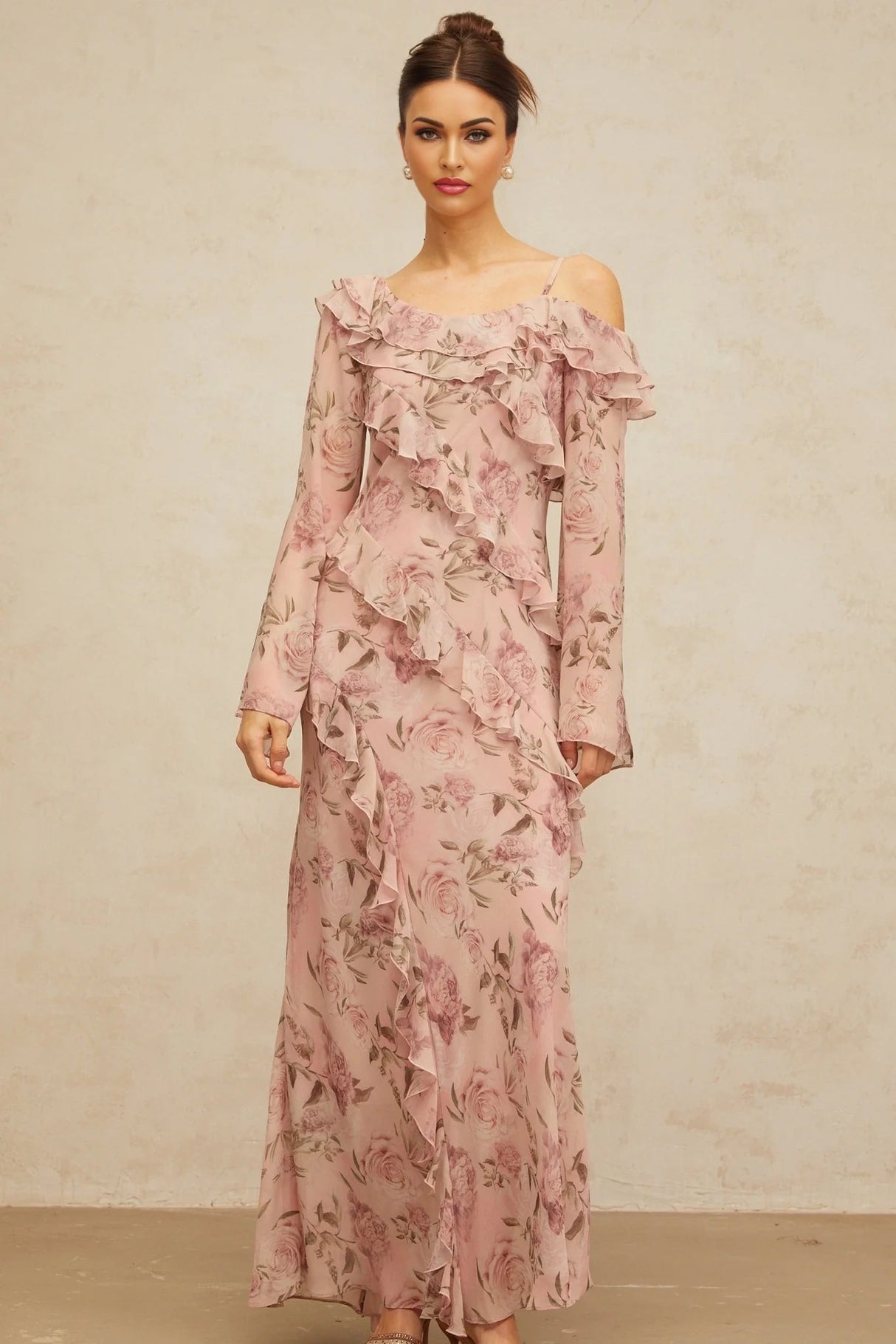 Lucia Maxi Dress Pink Floral Ruffled & Asymmetrical Shoulder Print