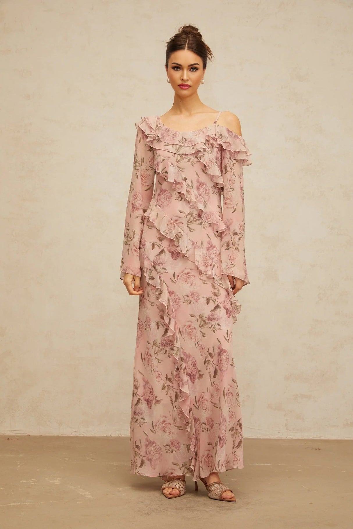 Lucia Maxi Dress Pink Floral Ruffled & Asymmetrical Shoulder Print