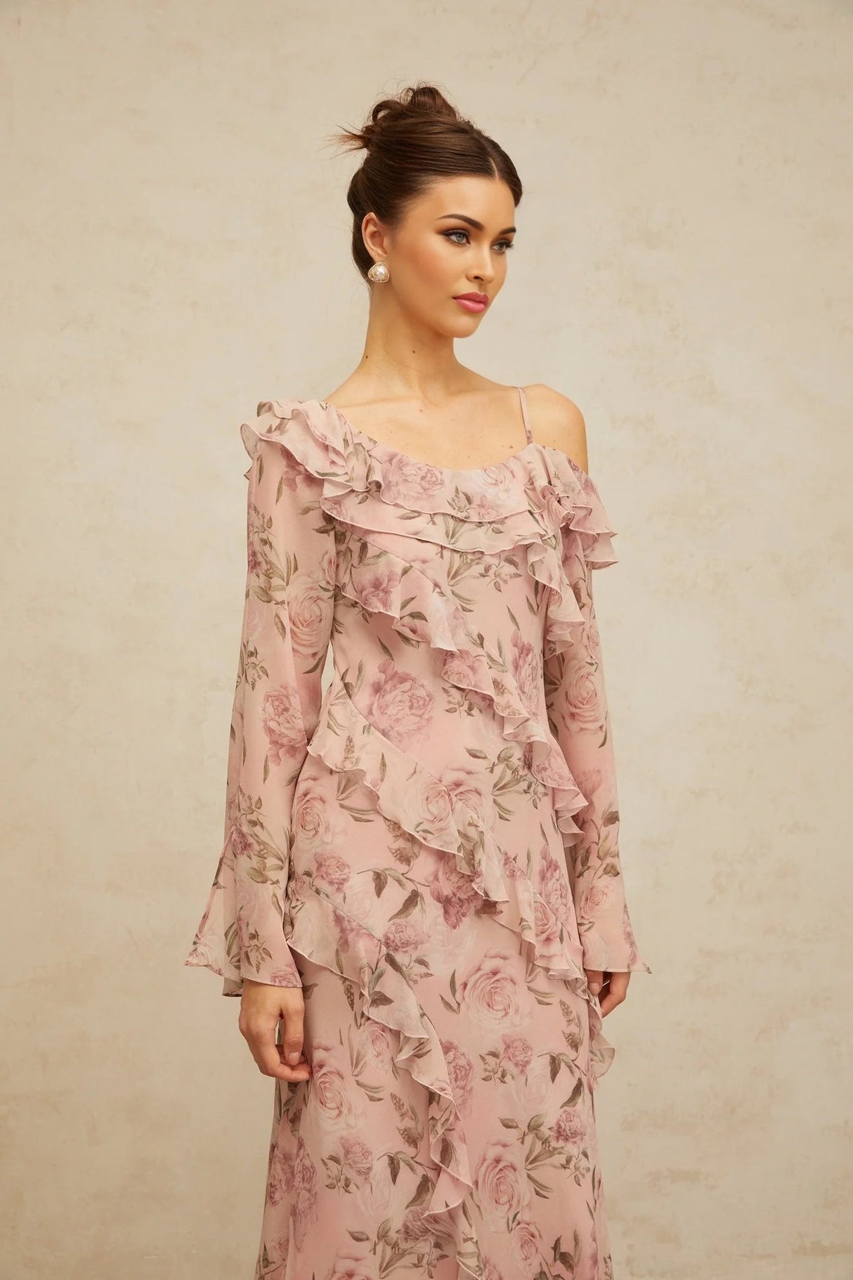 Lucia Maxi Dress Pink Floral Ruffled & Asymmetrical Shoulder Print