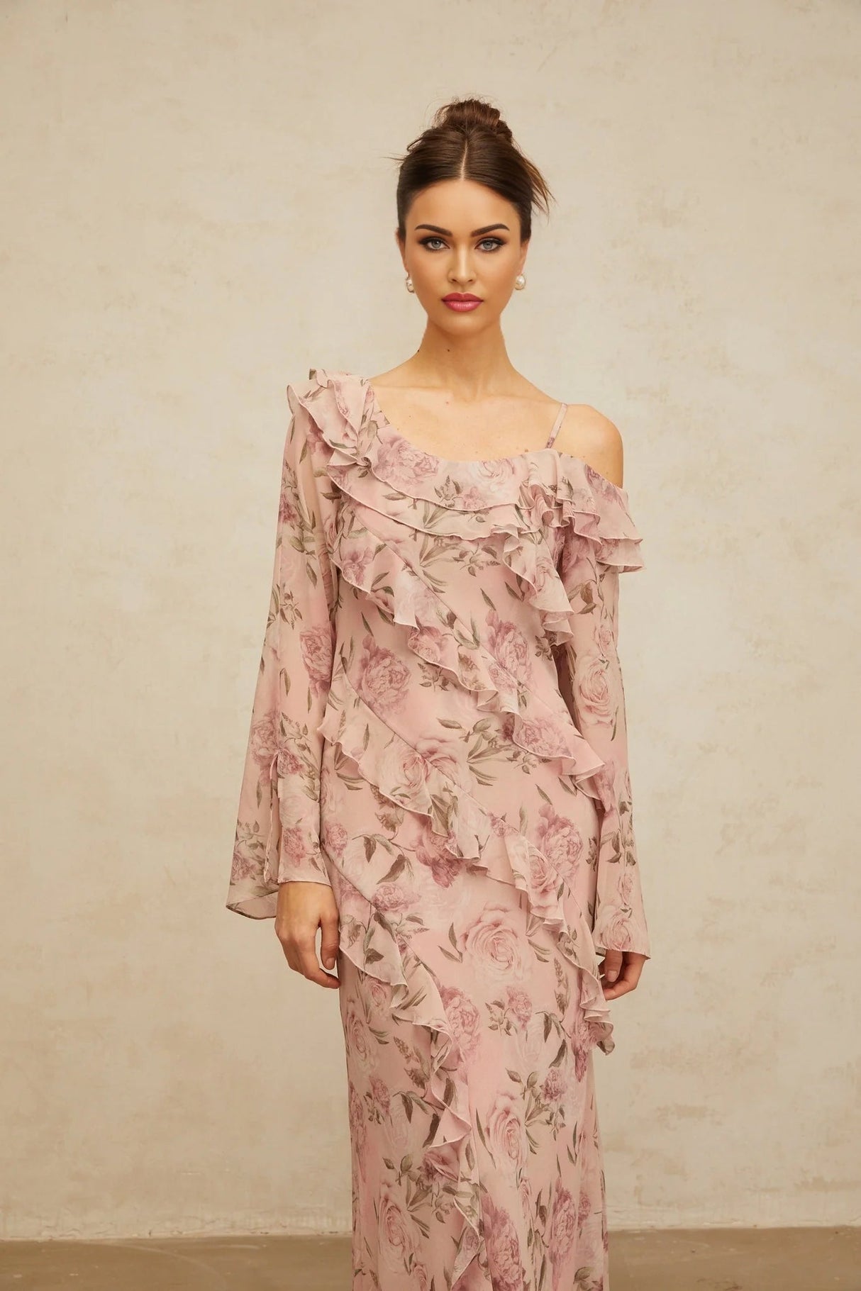 Lucia Maxi Dress Pink Floral Ruffled & Asymmetrical Shoulder Print