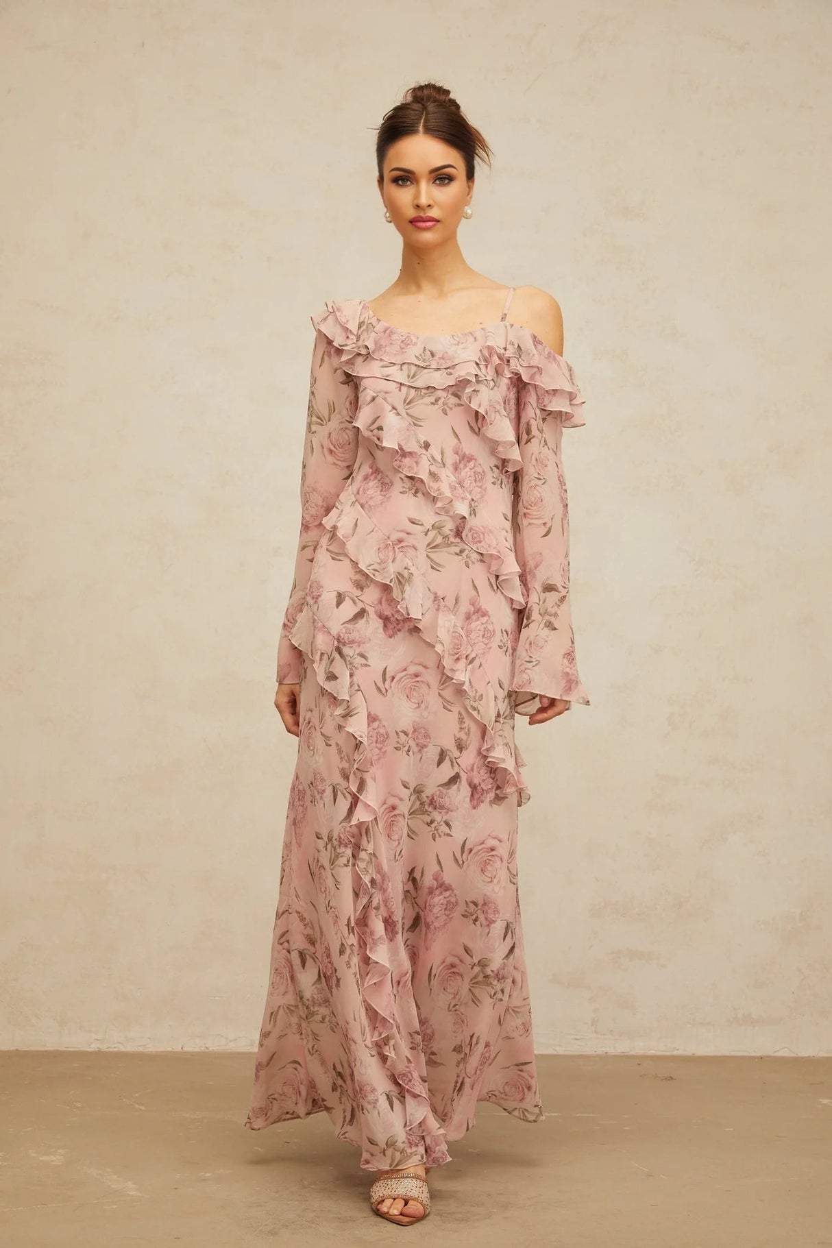 Lucia Maxi Dress Pink Floral Ruffled & Asymmetrical Shoulder Print