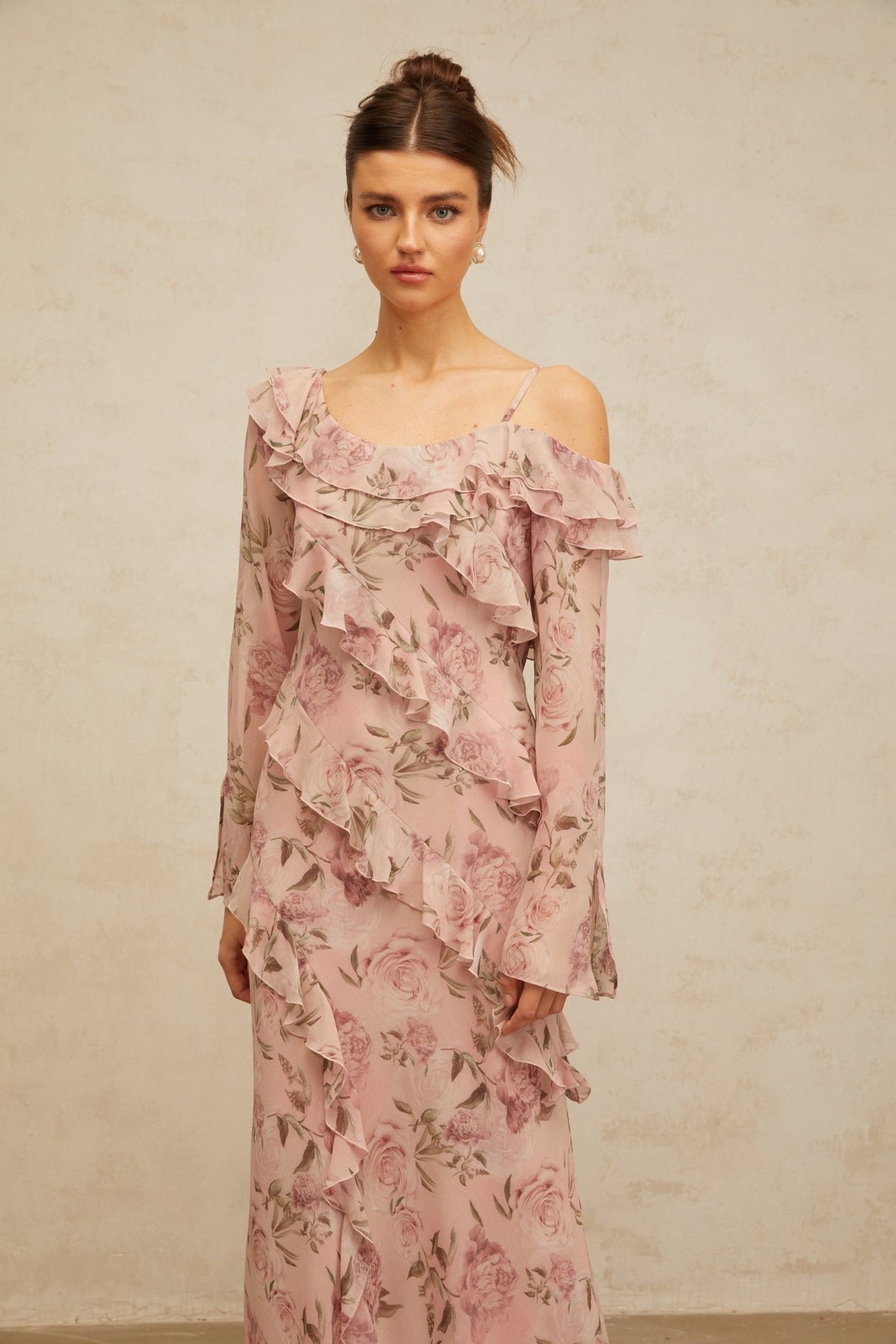 Lucia Maxi Dress Pink Floral Ruffled & Asymmetrical Shoulder Print