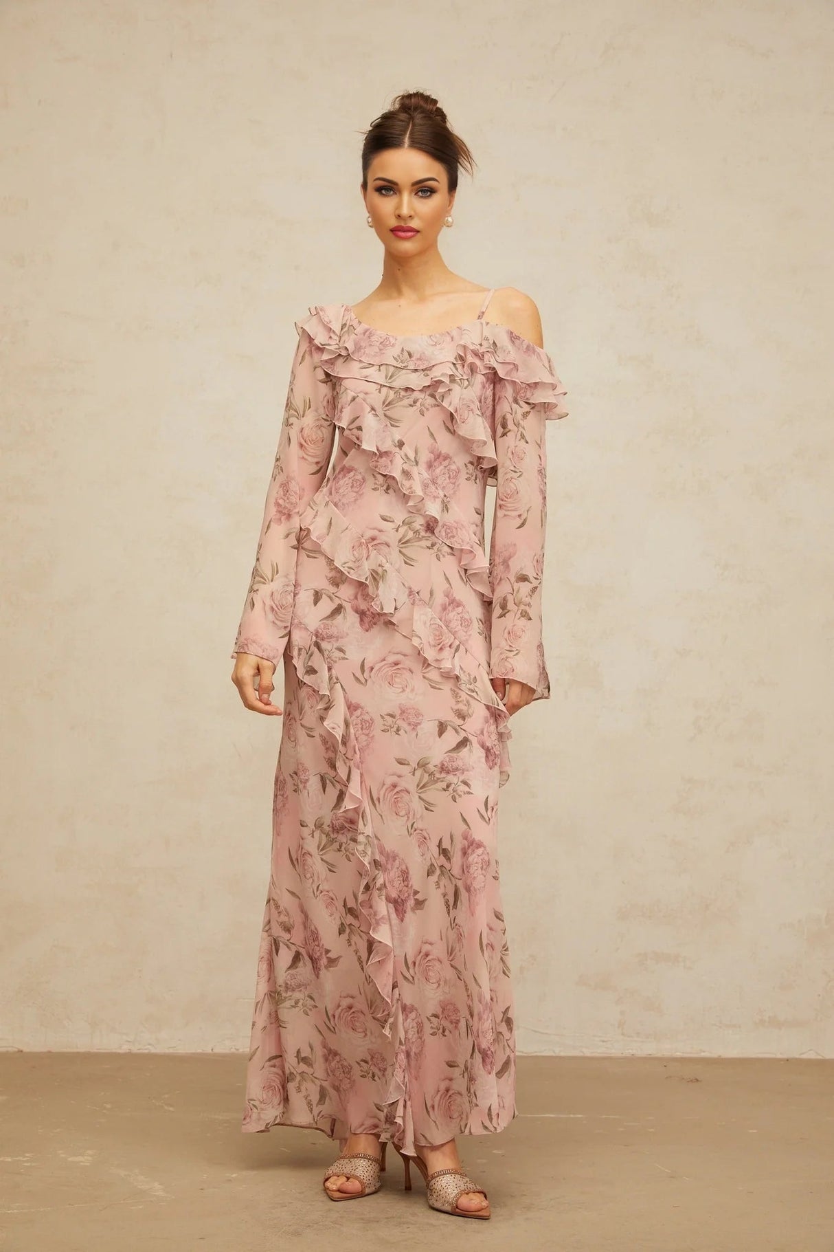 Lucia Maxi Dress Pink Floral Ruffled & Asymmetrical Shoulder Print
