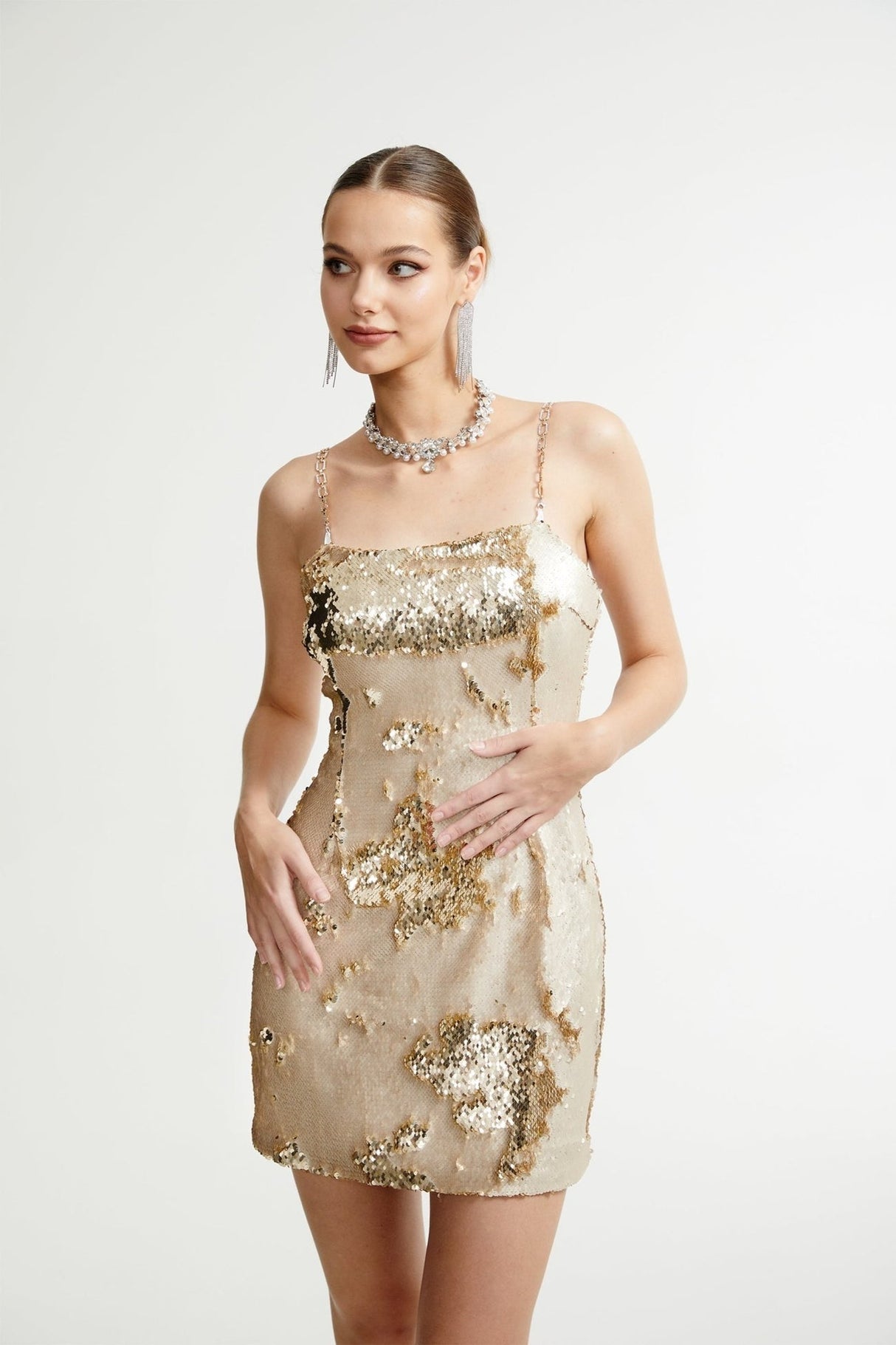 Lucia Mini Dress Gold Sequin Reversible Elegance & Glam