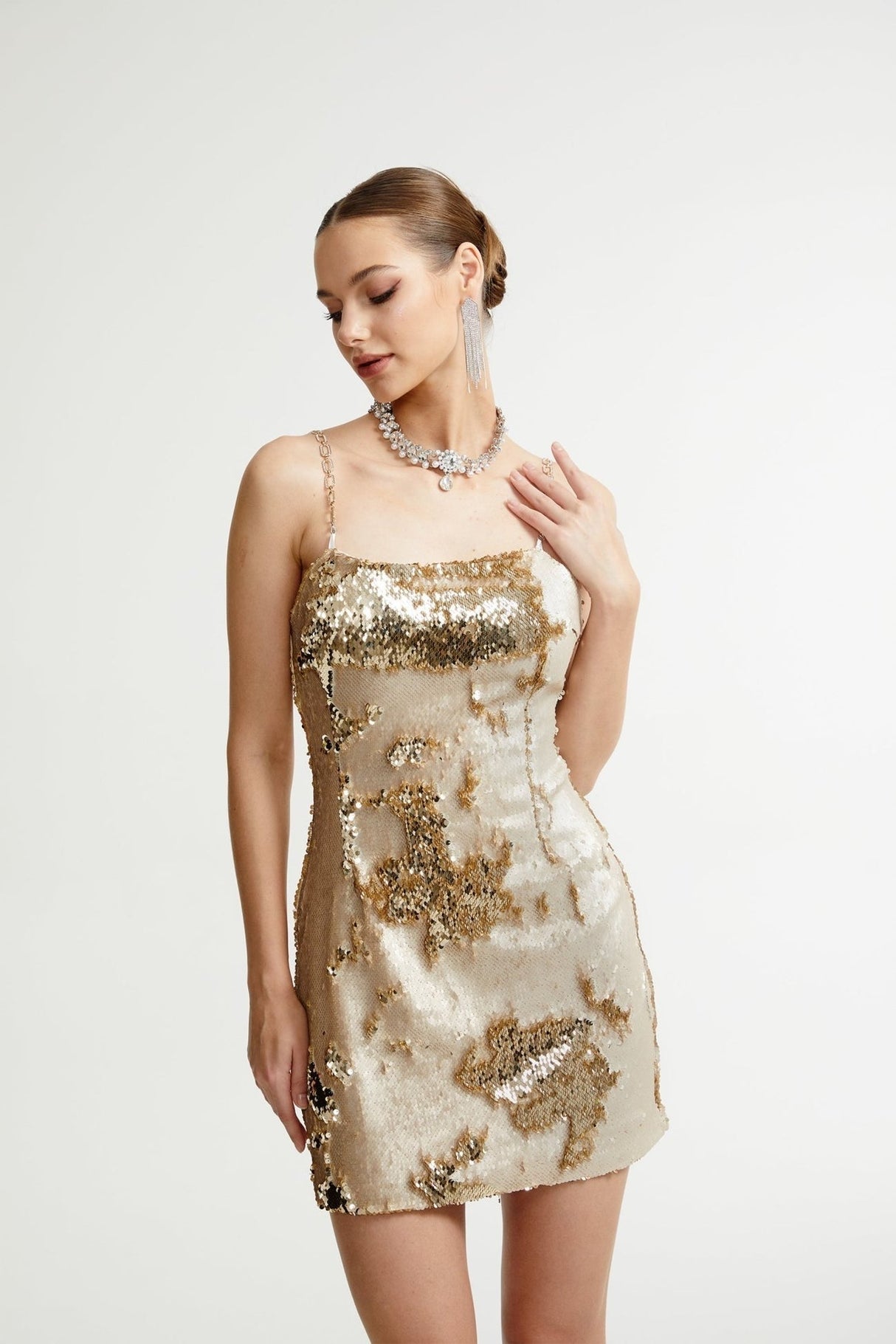 Lucia Mini Dress Gold Sequin Reversible Elegance & Glam