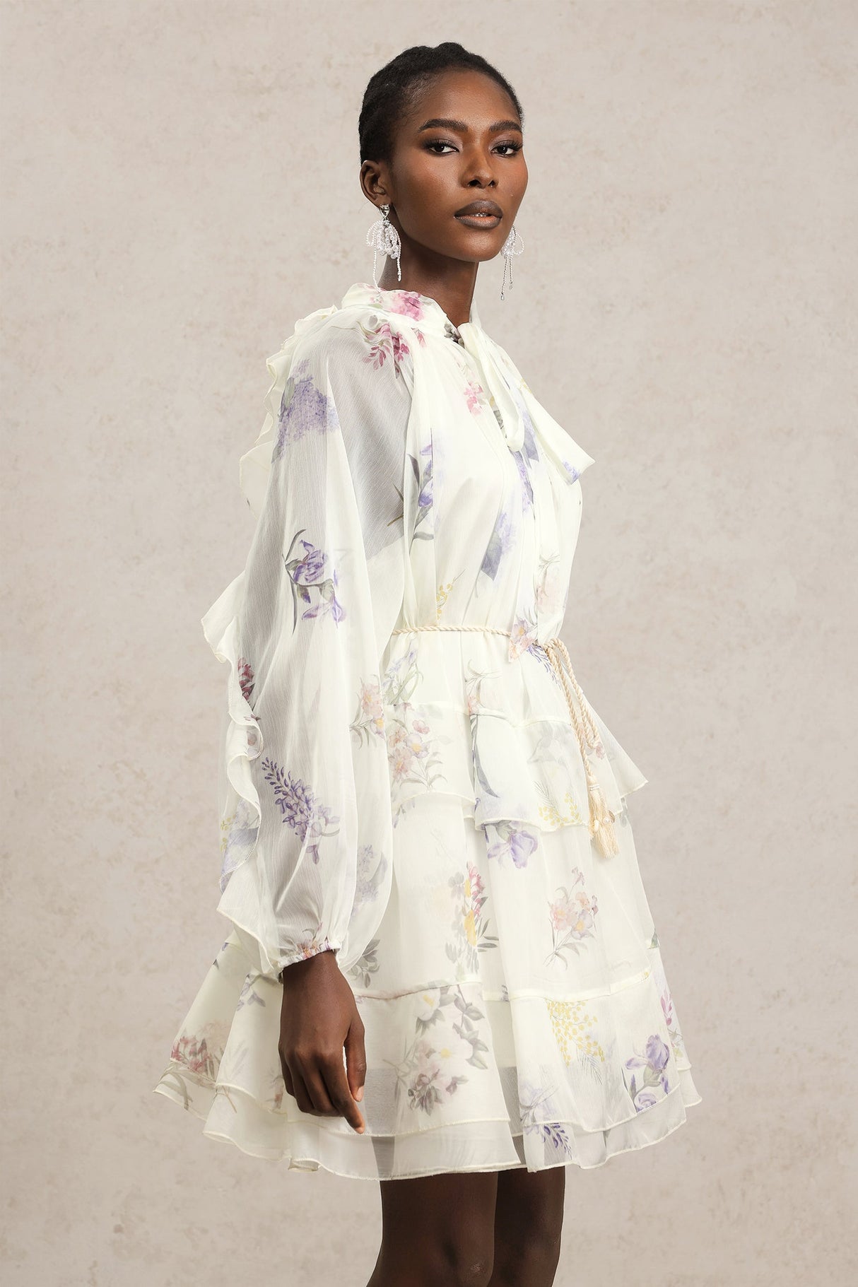 Lucia White Floral Chiffon Tiered Dress