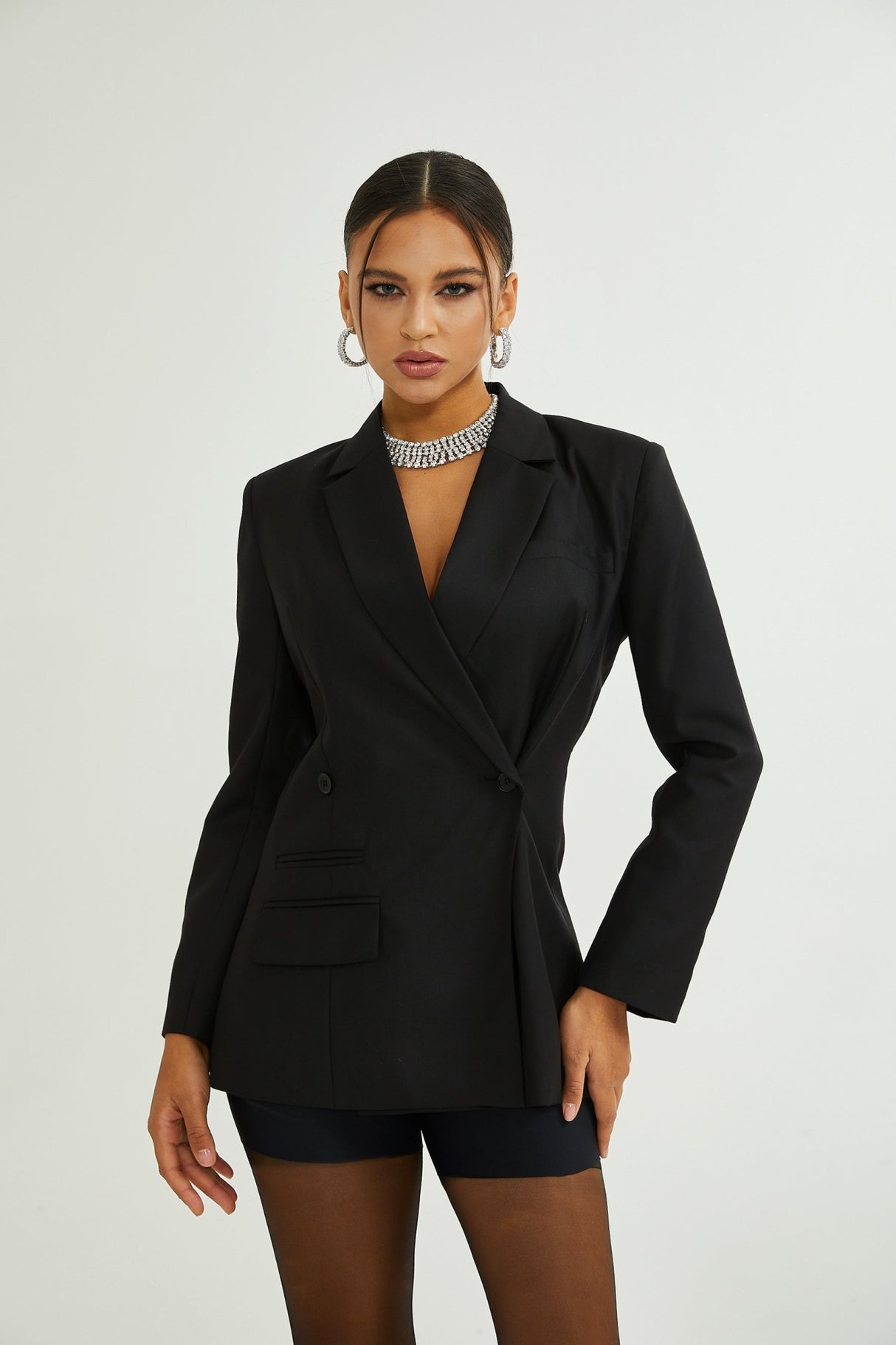 Luciana Blazer Black Wool Double Breasted Cinched & Padded