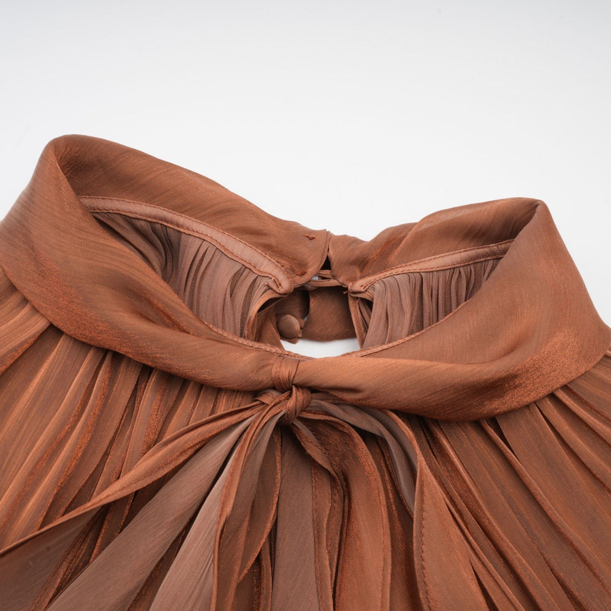 Luciana Maxi Dress in Brown Satin with Ribbon Tie - Neck and Pleats