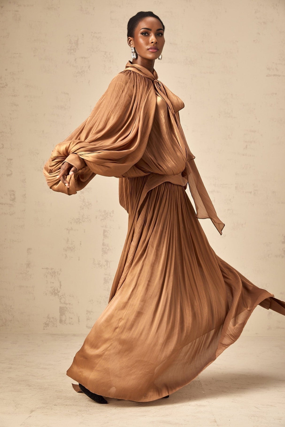Luciana Maxi Dress in Brown Satin with Ribbon Tie - Neck and Pleats