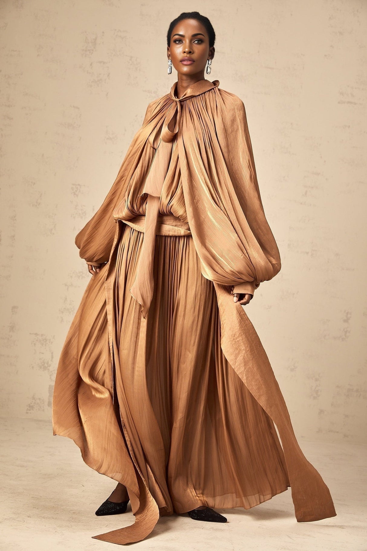 Luciana Maxi Dress in Brown Satin with Ribbon Tie - Neck and Pleats