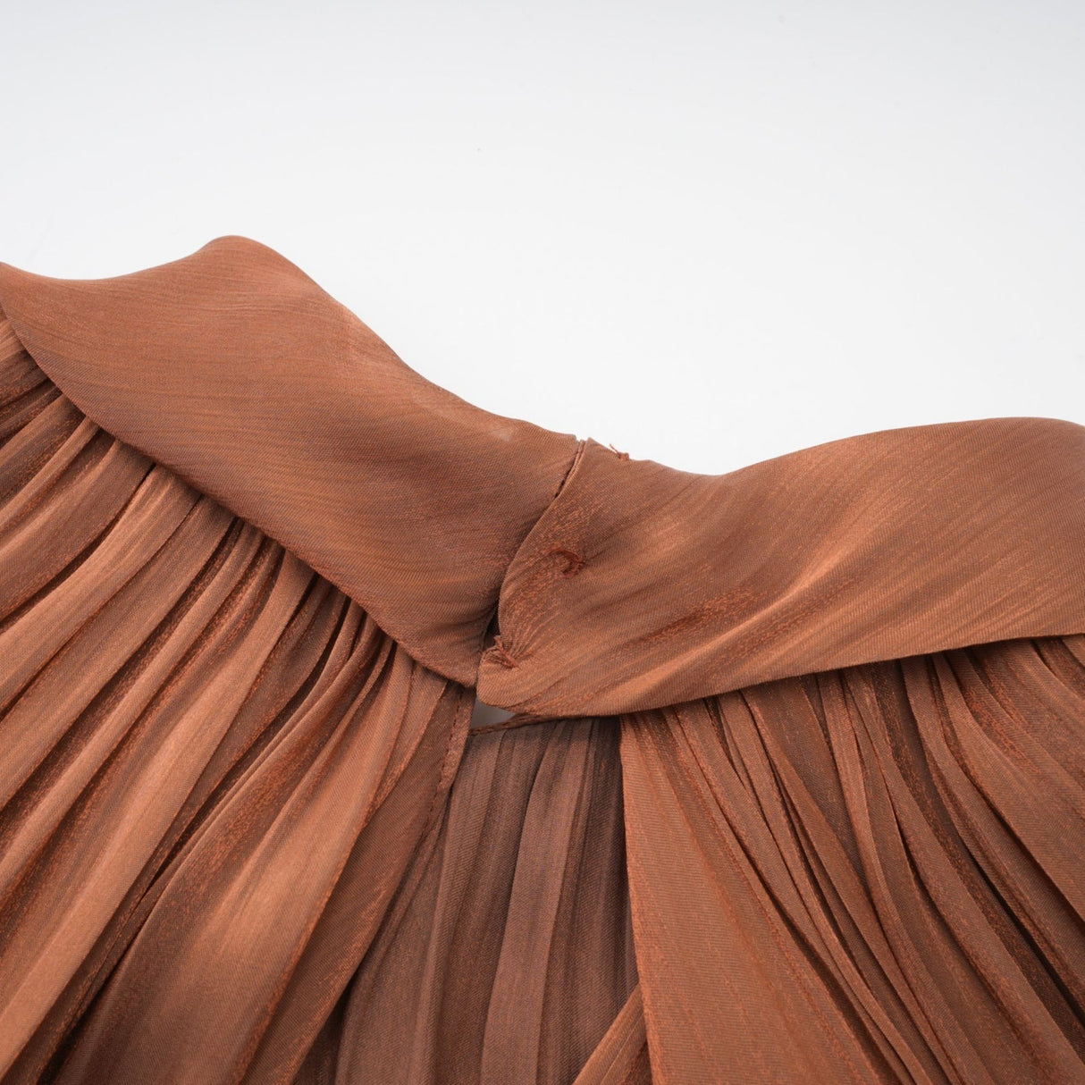 Luciana Maxi Dress in Brown Satin with Ribbon Tie - Neck and Pleats