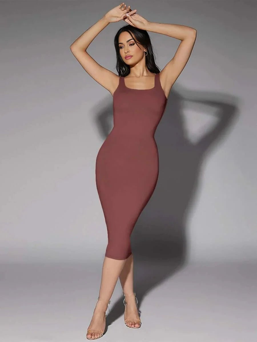 Luciana Midi Dress - Scoop Neck - Beach Occasion - Pencil Hem - Tank Style - Backless Feature