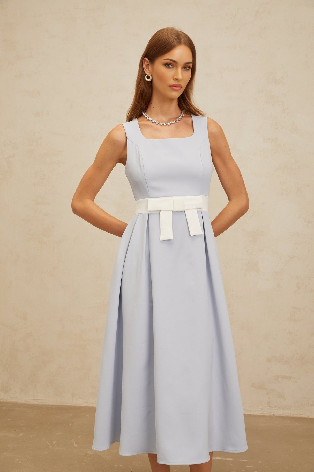 Luciana Midi Dress - Square Neck - Sleeveless - Bow Embellishment - Shirred Effect - Rear Zip Fastening