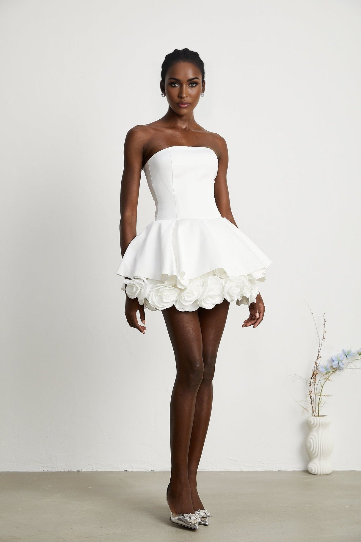 Lucie Off Shoulder Mini Dress - Sleeveless - Multilayer Design - Fitted Waist - Flared Skirt - 3D Petal Detailing