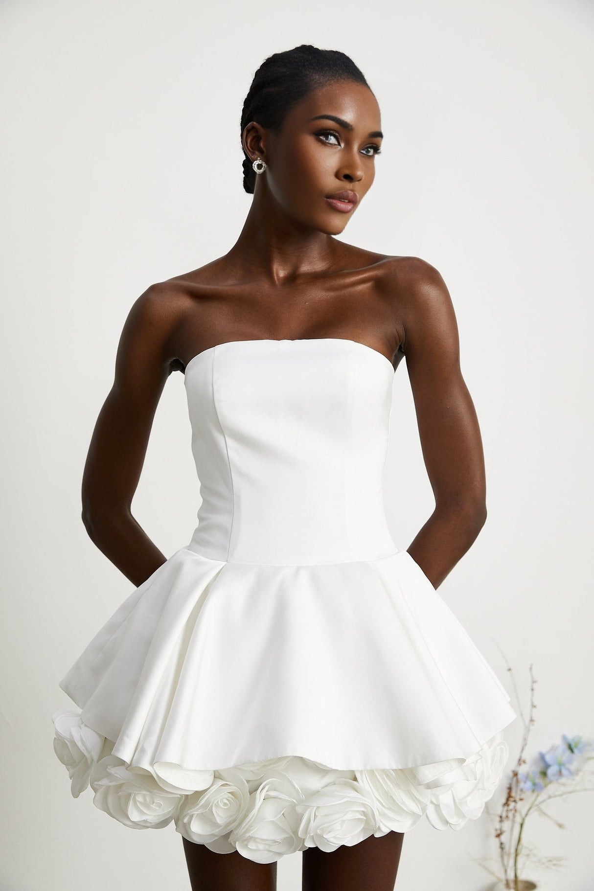 Lucie White Strapless Mini Dress With 3D Floral Hem