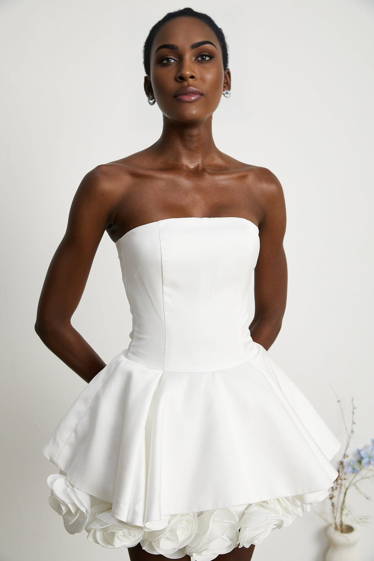 Lucie White Strapless Mini Dress With 3D Floral Hem