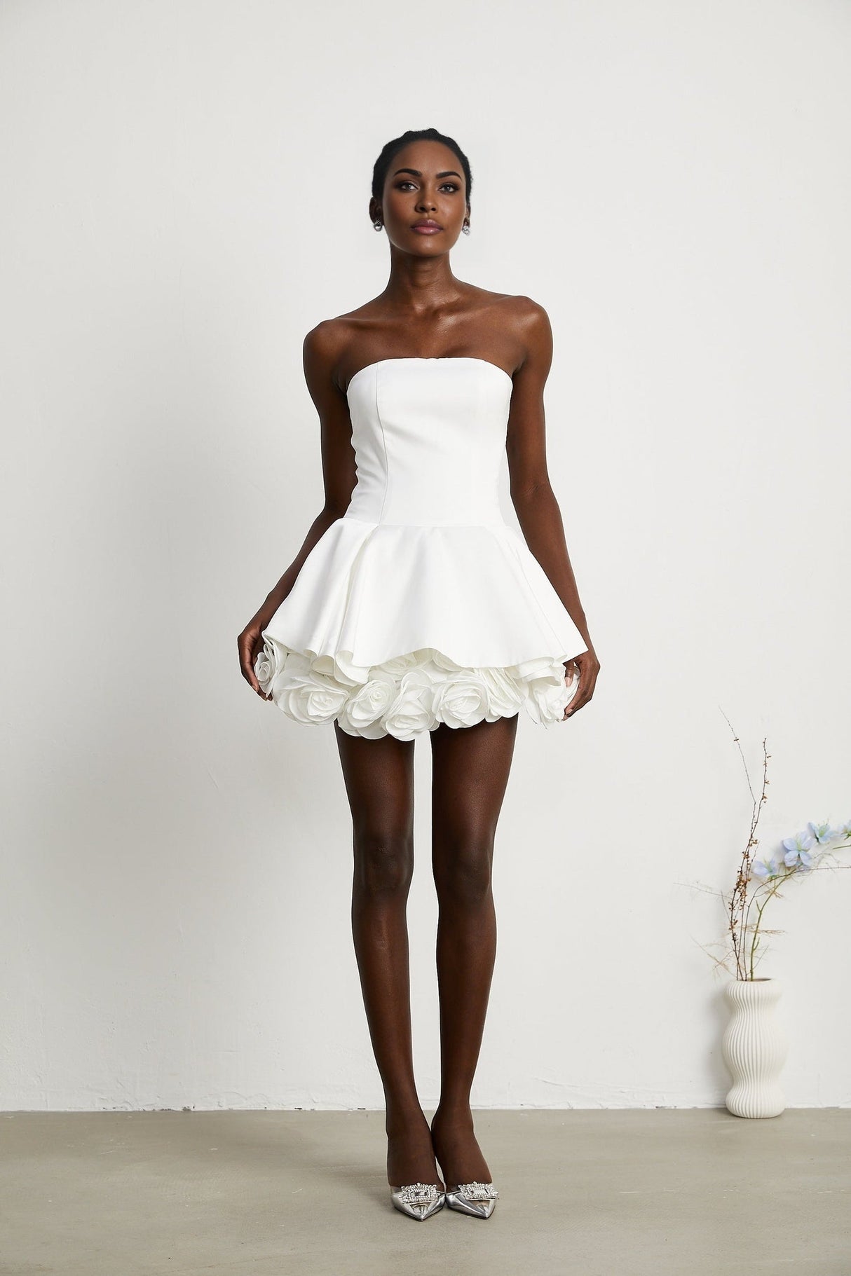 Lucie White Strapless Mini Dress With 3D Floral Hem