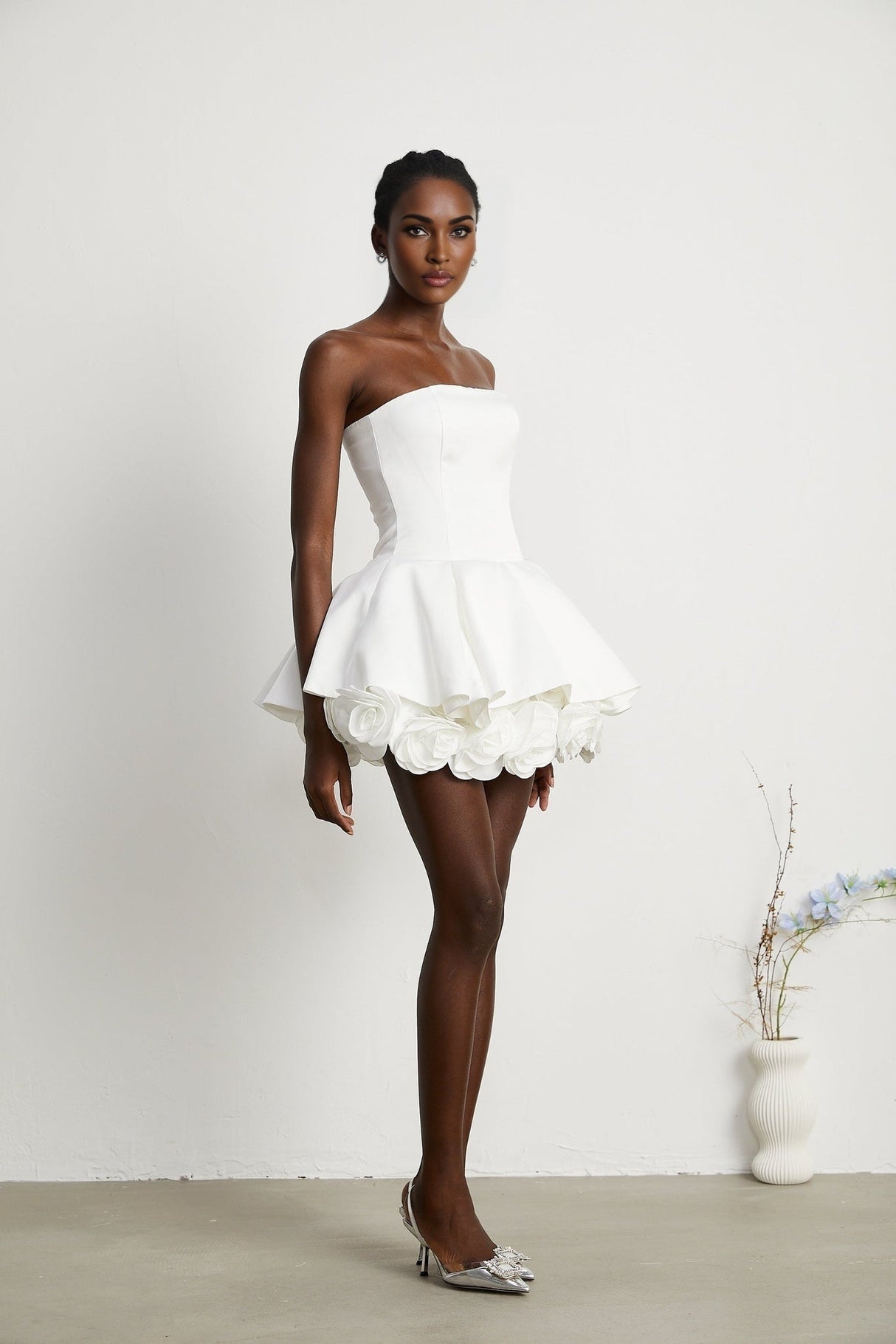Lucie White Strapless Mini Dress With 3D Floral Hem