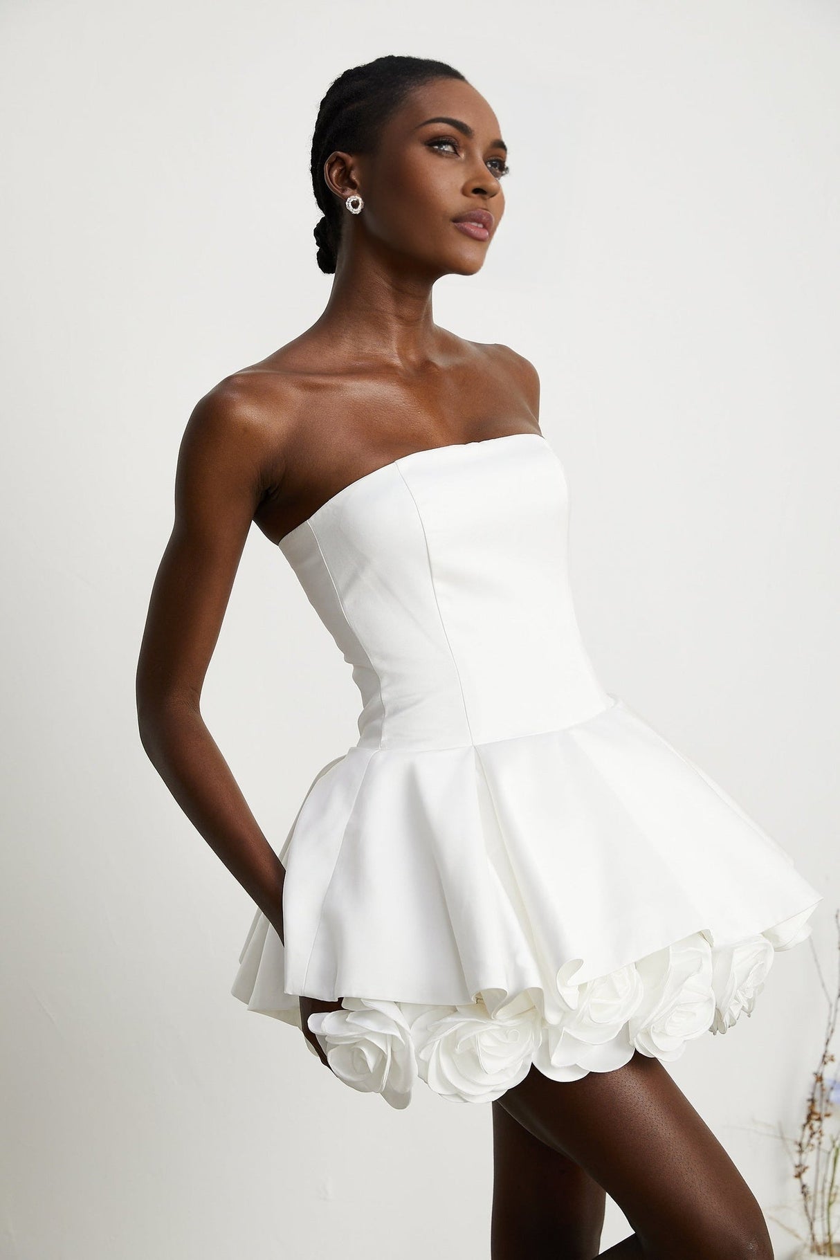 Lucie White Strapless Mini Dress With 3D Floral Hem
