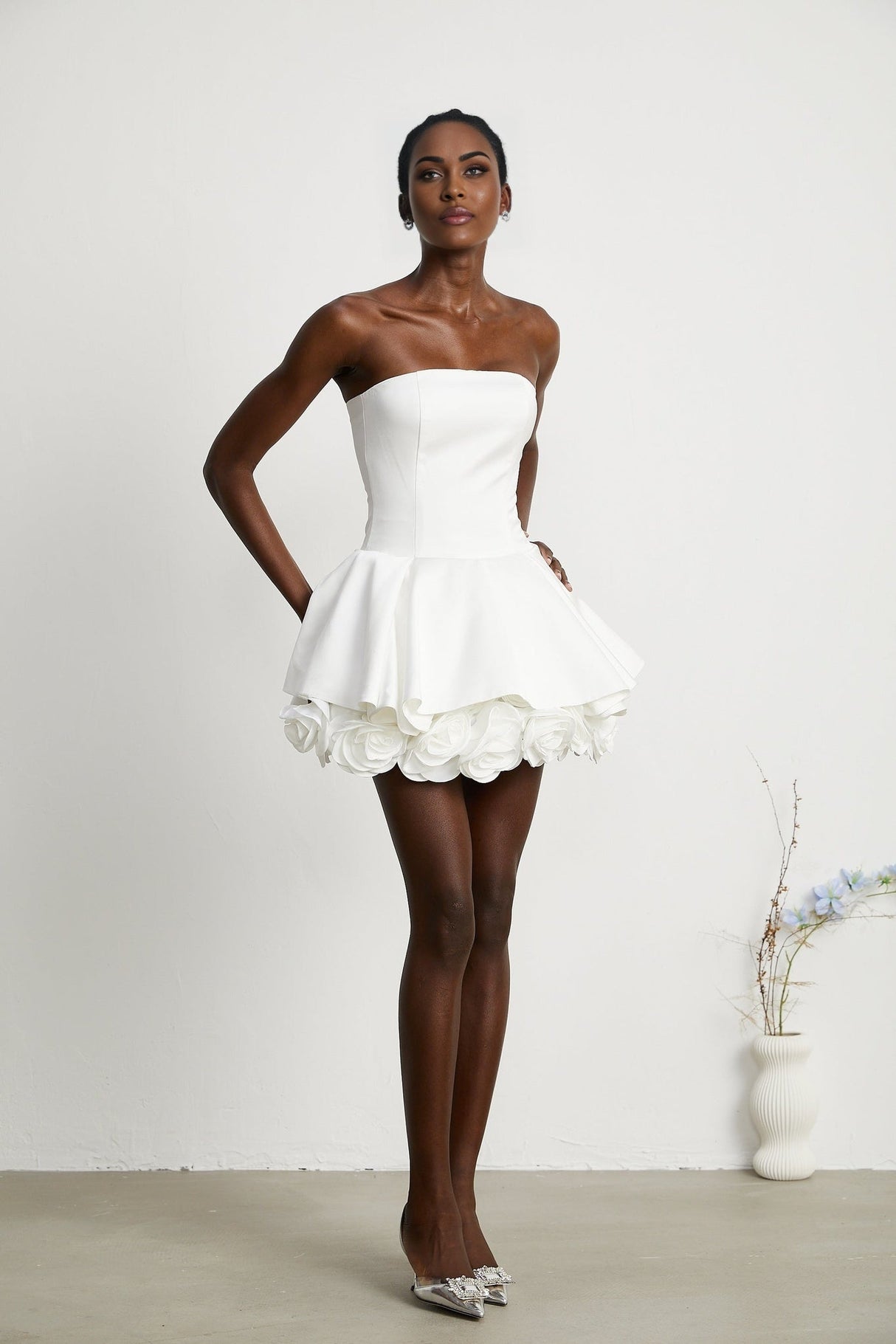 Lucie White Strapless Mini Dress With 3D Floral Hem