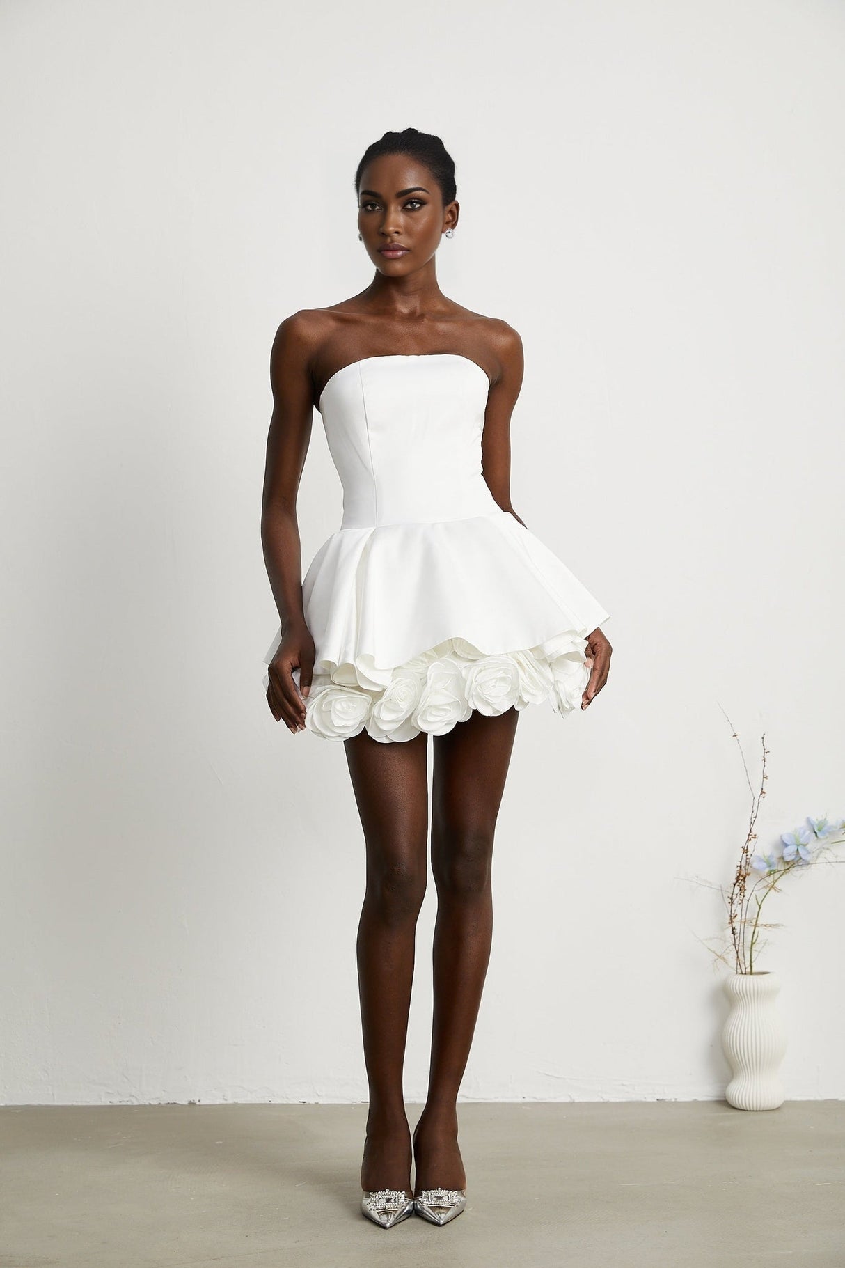 Lucie White Strapless Mini Dress With 3D Floral Hem