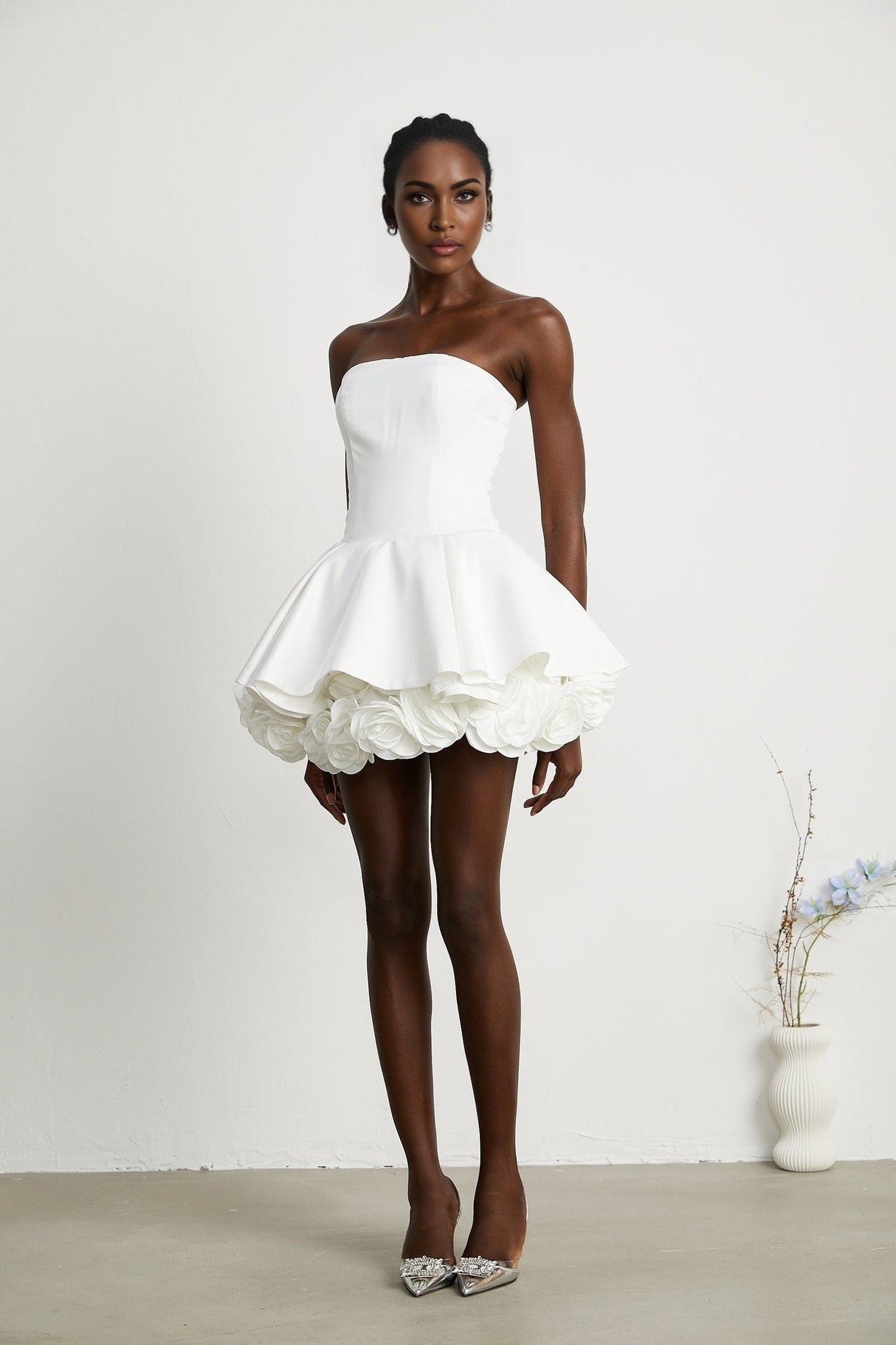 Lucie White Strapless Mini Dress With 3D Floral Hem
