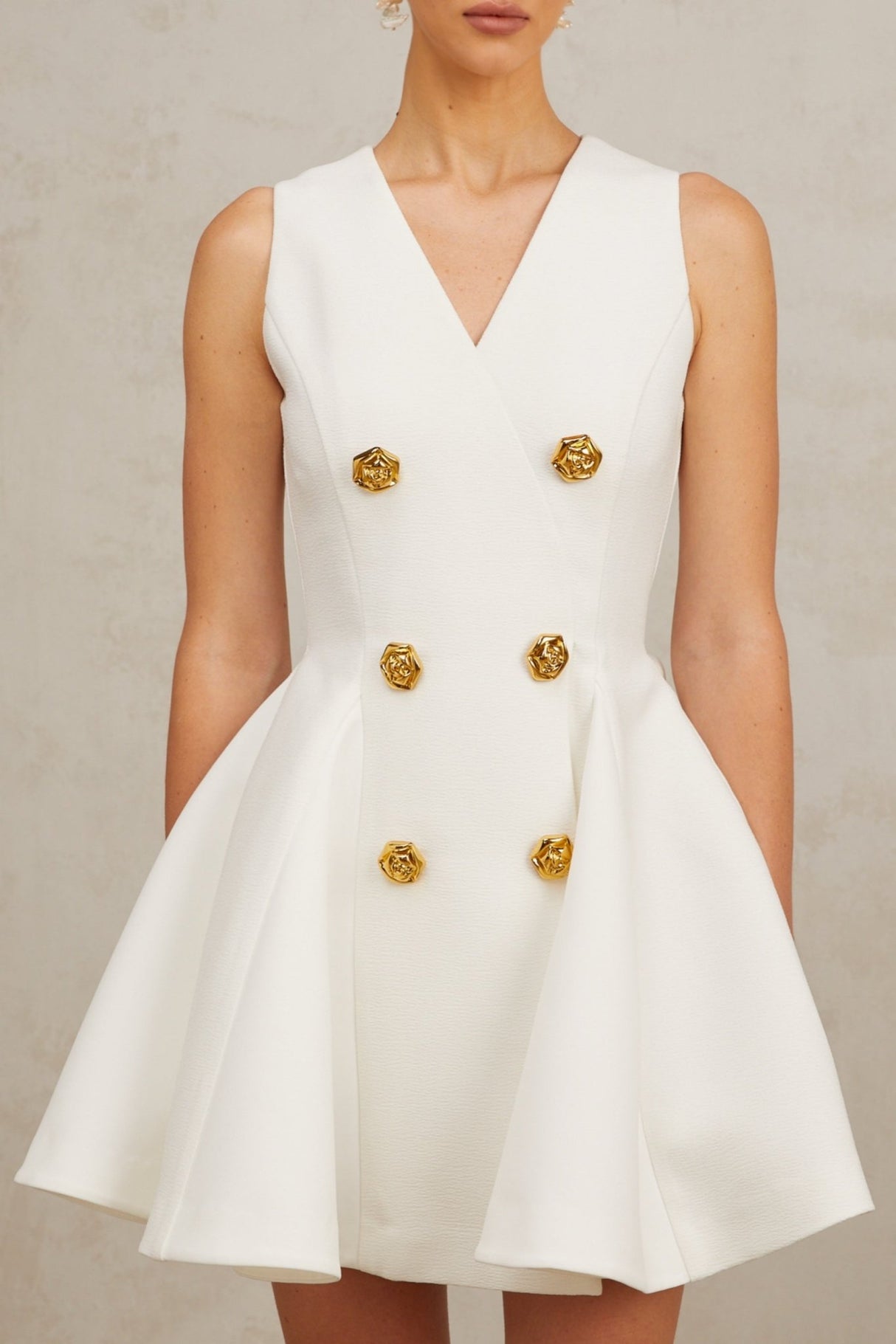 Lucille Mini Dress White VNeck Gold Button ALine Hem