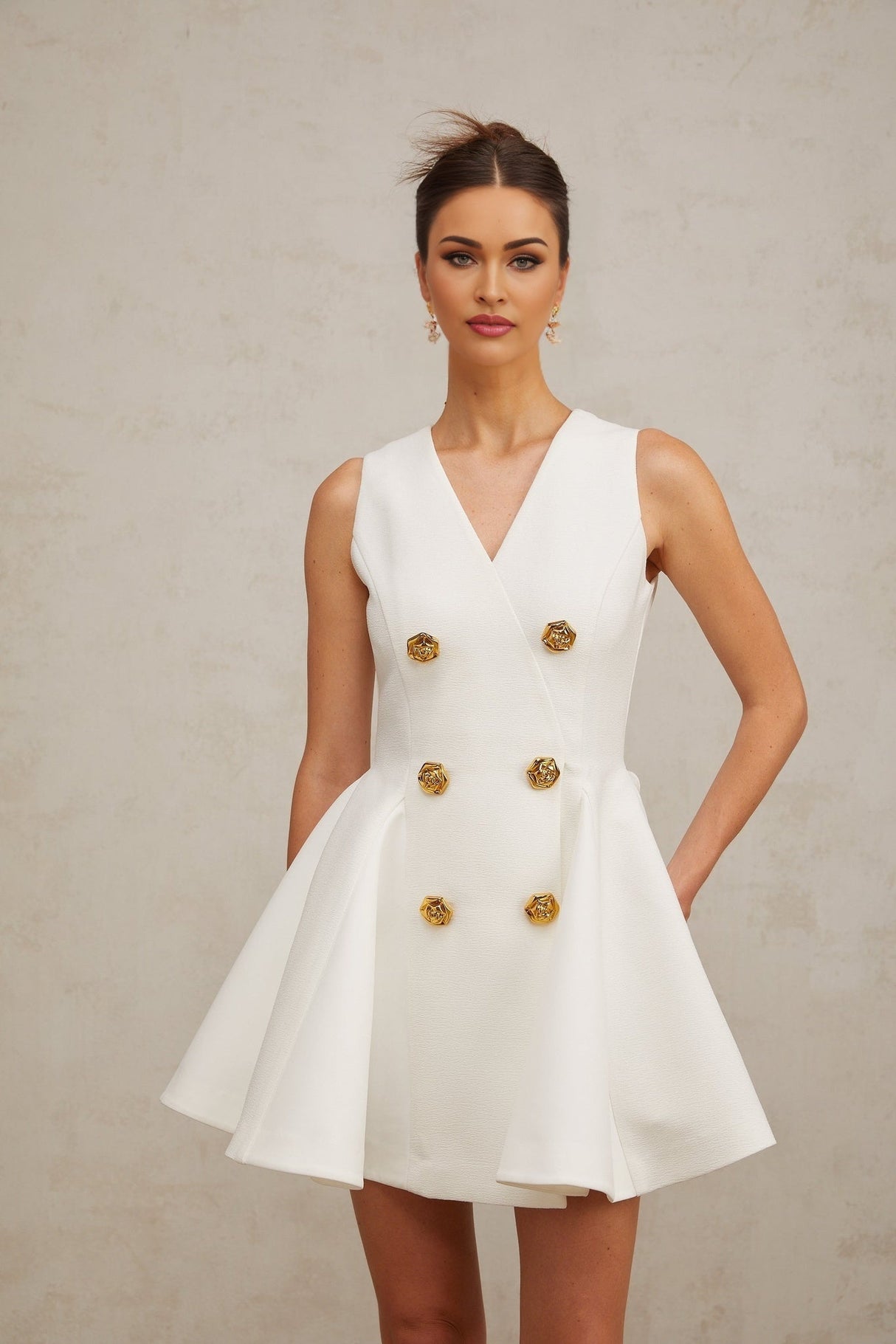 Lucille Mini Dress White VNeck Gold Button ALine Hem