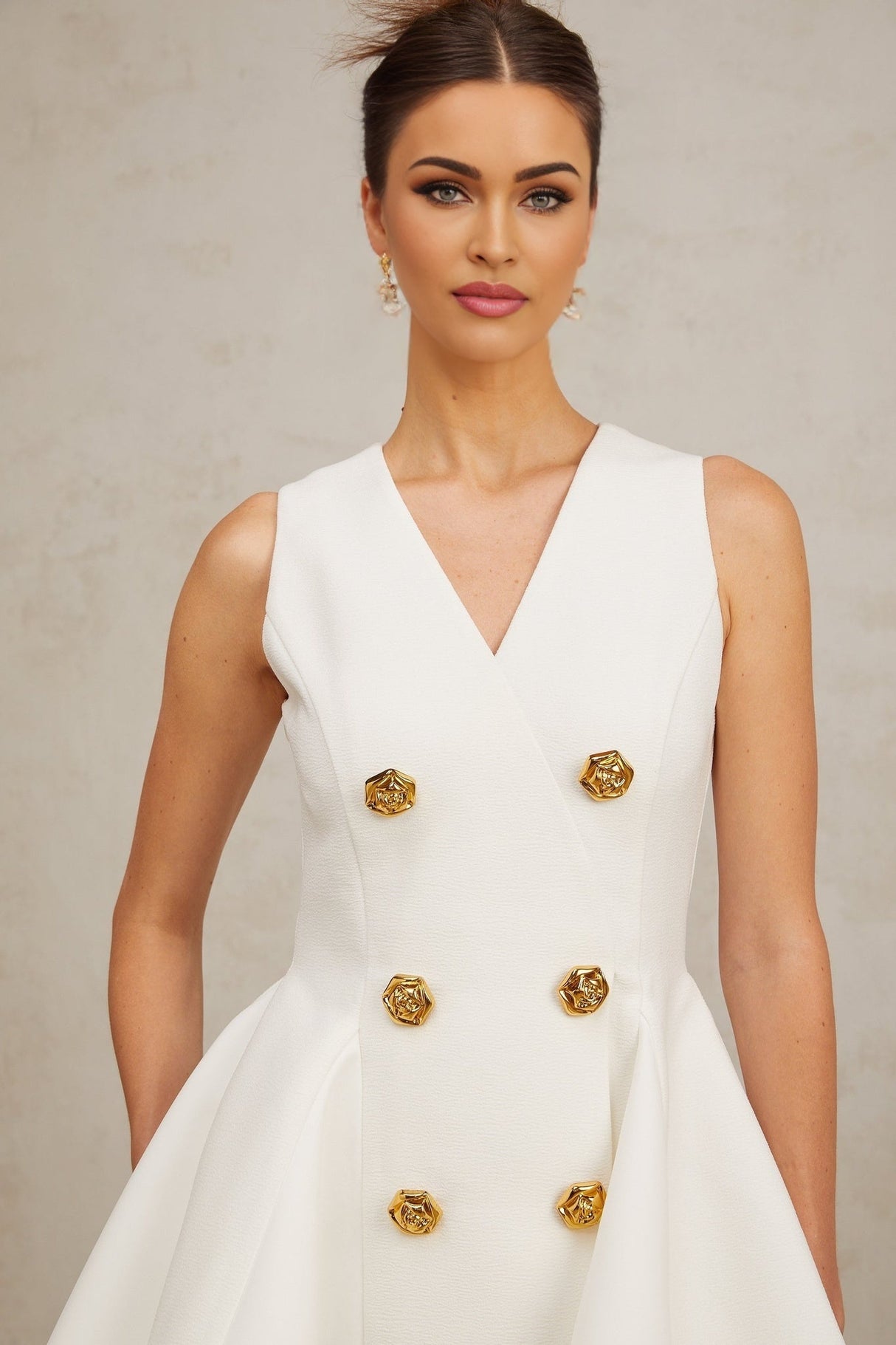 Lucille Mini Dress White VNeck Gold Button ALine Hem