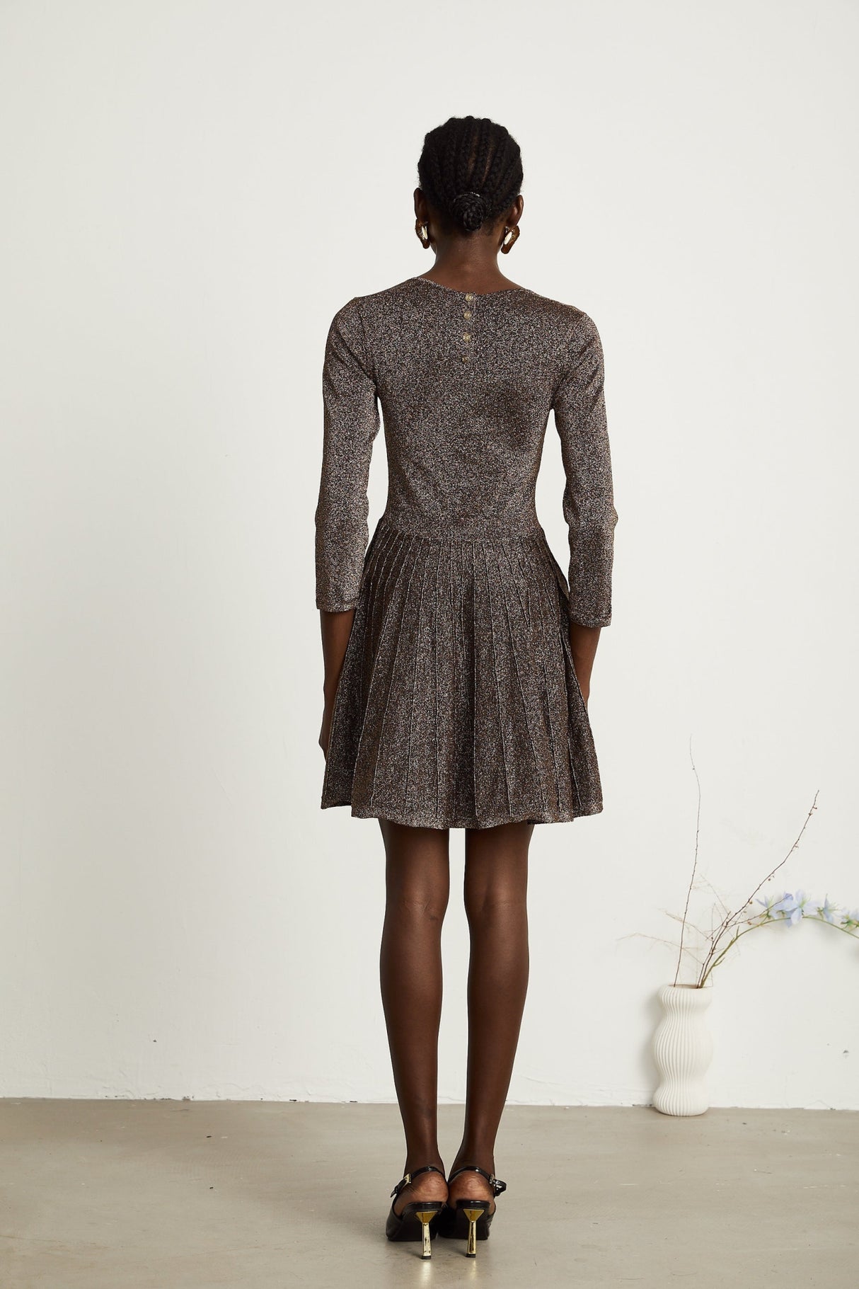 Lucrezia Mini Dress Barley Brown Ribbed Metallic Flare Hem