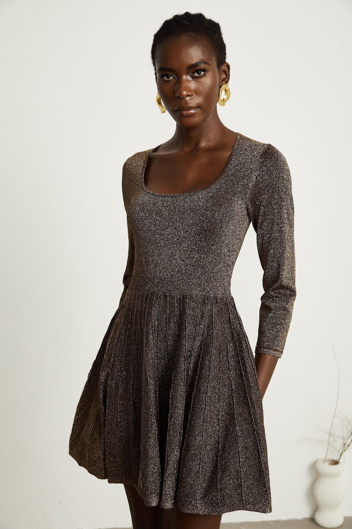 Lucrezia Mini Dress Barley Brown Ribbed Metallic Flare Hem