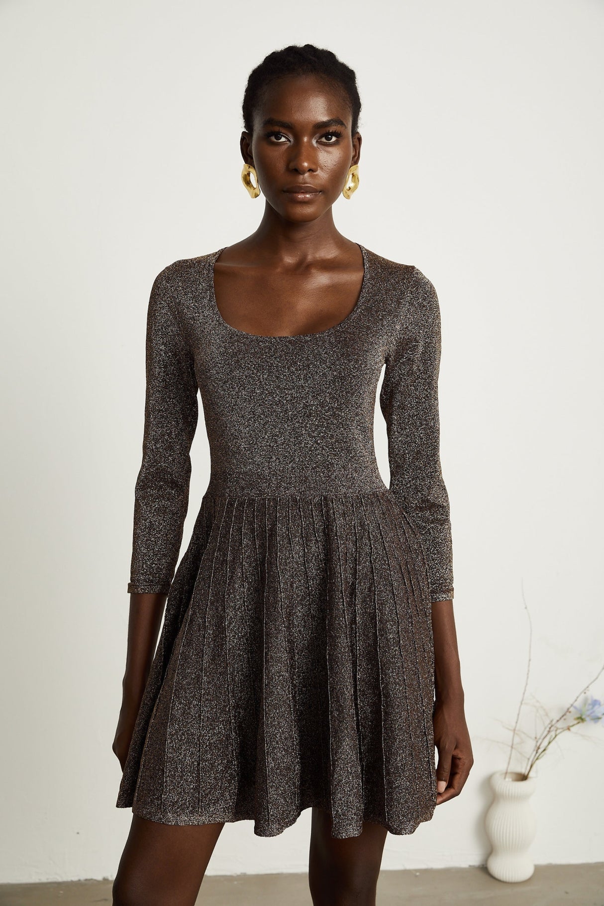 Lucrezia Mini Dress Barley Brown Ribbed Metallic Flare Hem