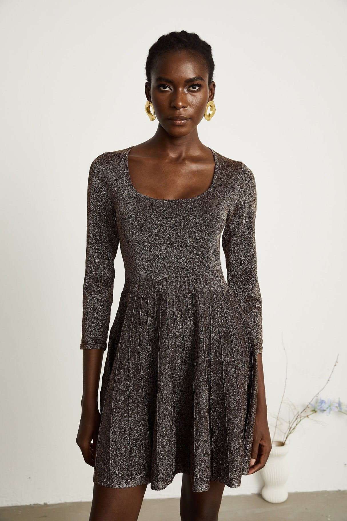 Lucrezia Mini Dress Barley Brown Ribbed Metallic Flare Hem