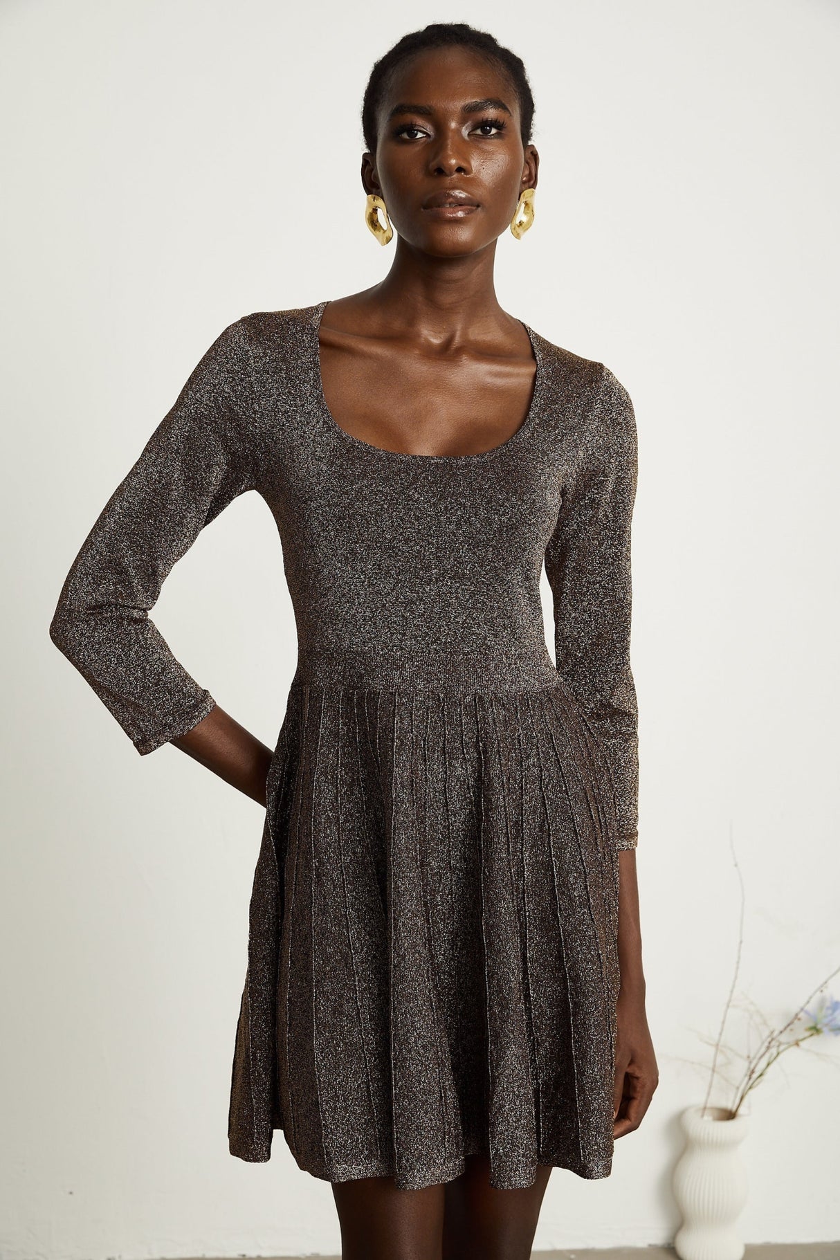 Lucrezia Mini Dress Barley Brown Ribbed Metallic Flare Hem