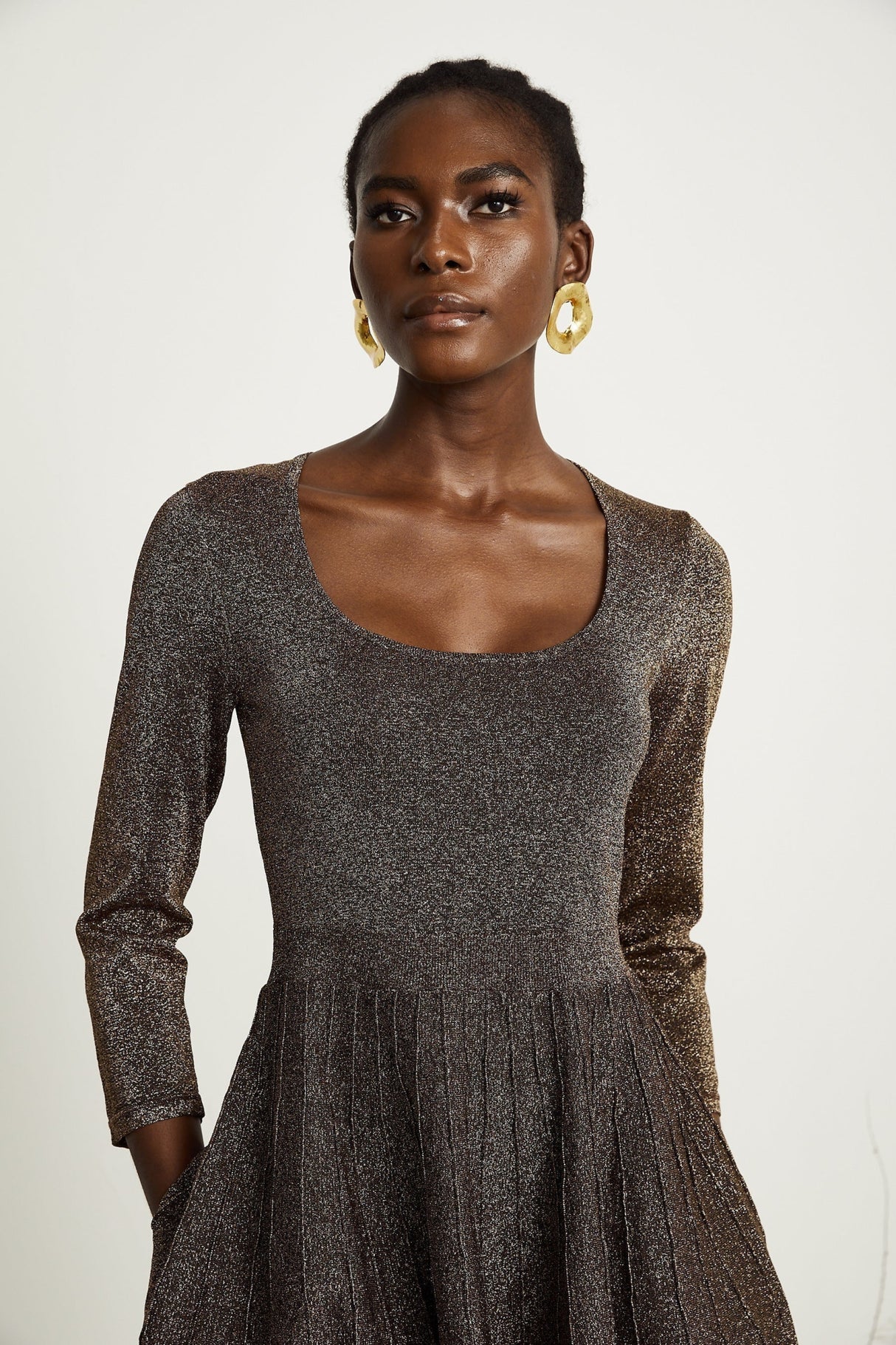 Lucrezia Mini Dress Barley Brown Ribbed Metallic Flare Hem