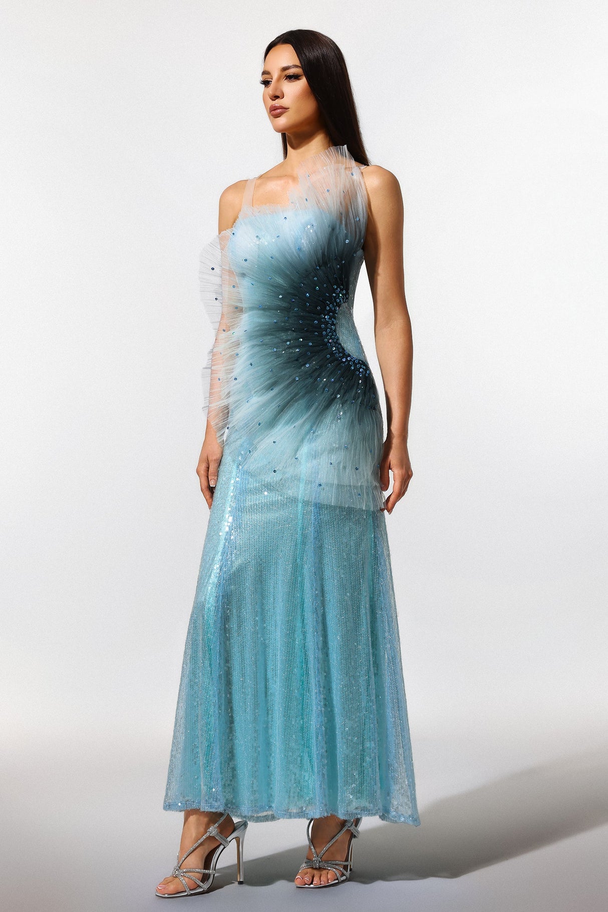 Lucy Blue Sleeveless Maxi Dress with Fish Tail Silhouette Sequin Detailing Fit Feel and Unique Neckline Design for Formal Occasions